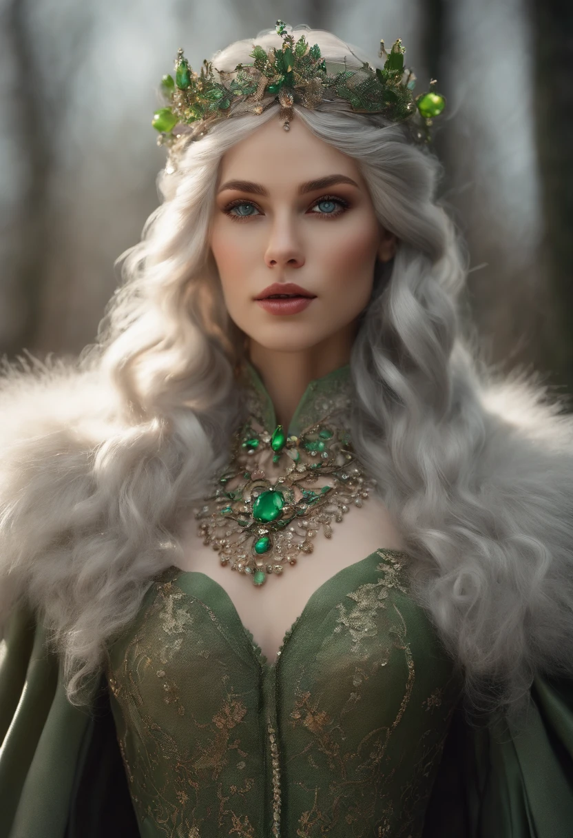 Vintage style fantasy, Masterpiece, Magnificent art, Best quality, 1girll, Close up girl Nordic princess, Scandinavian mountains, Winter weather, symmetrical and hyper detailed face, Silky skin like peach silk, Energetic and aggressive green eyes, Gray hair is messy,All the way to the waist, Sculptural body, (spark of light: 0.7), Adobe illustration, Trand on Artstation, 8K, HD, hyper HD, Cool soft lighting, --q 500 --s 100, -((( Worn out,toppless)))