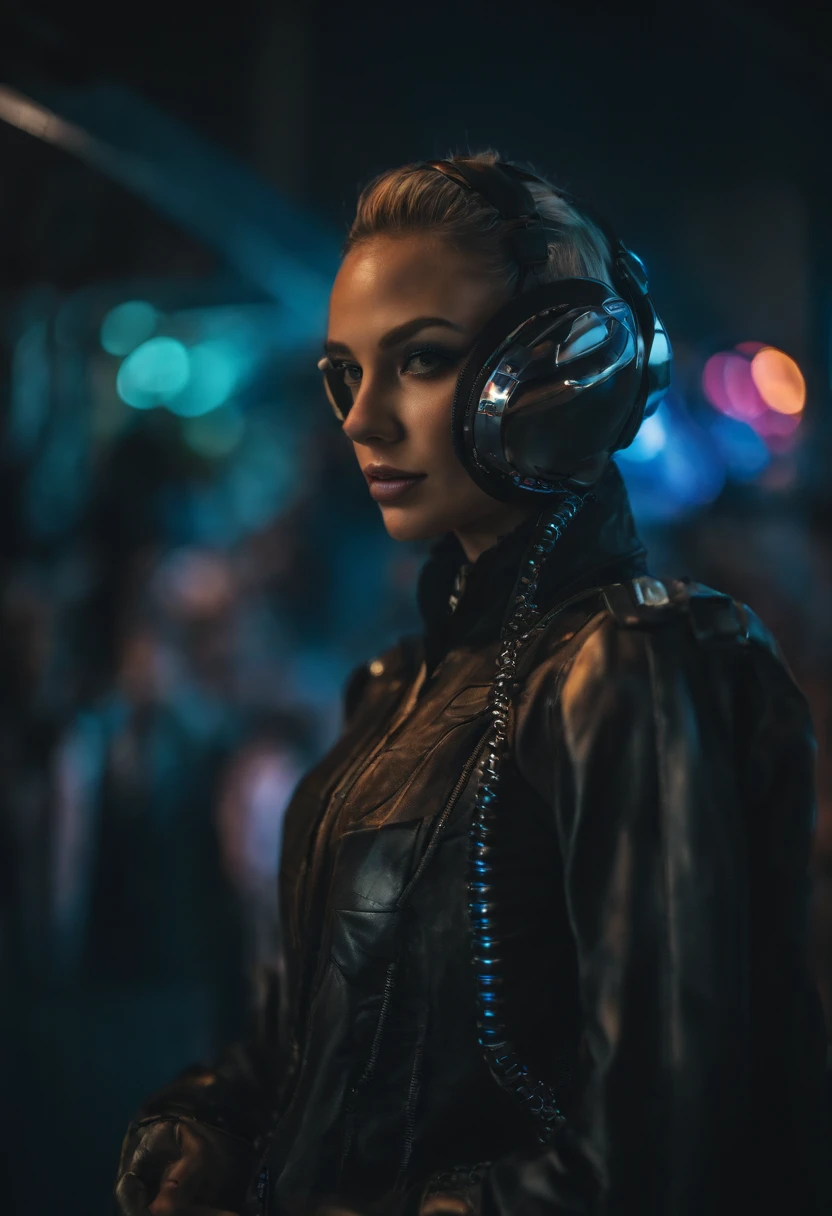 Por favor, gere uma imagem de uma DJ feminina perfeitamente integrada com equipamentos de mixagem de ponta em uma boate com tema cyberpunk. A boate deve ter um visual futurista, neon-lit environment with holographic displays and elements of urban decay. O DJ deve estar no centro da imagem, Skillfully manipulate the equipment with a dynamic pose. Your costume and appearance should reflect the cyberpunk aesthetic, com roupas futuristas, cabelo neon, and cyber enhancements, If possible. Toda a cena deve exalar uma alta tecnologia, dystopian atmosphere.