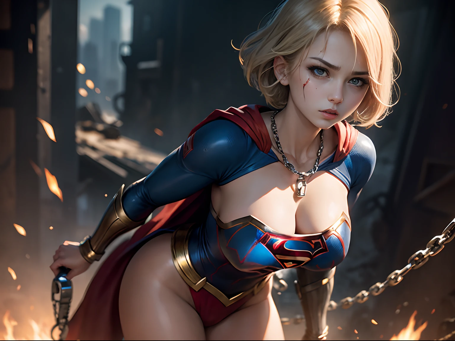 masterpiece、Short-haired Supergirl with a chain、large full breasts、Looking at the camera、Glossy costume、Tattered costume、Injury、heavy injury