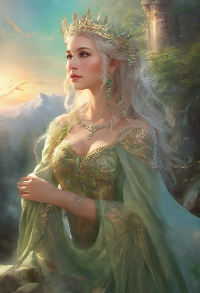 Vintage style fantasy, Masterpiece, Magnificent art, Best quality, 1girll, Close up girl Nordic princess, Scandinavian mountains, Winter weather, symmetrical and hyper detailed face, Silky skin like peach silk, Energetic and aggressive green eyes, Gray hair is messy,All the way to the waist, Sculptural body, (spark of light: 0.7), Adobe illustration, Trand on Artstation, 8K, HD, hyper HD, Cool soft lighting, --q 500 --s 100, -((( Worn out,toppless)))
