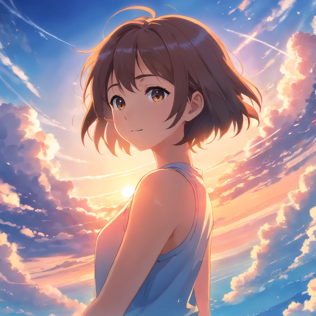 masterpiece, best quality, movie still, 1girl, cloud girl, floating in the sky, close-up, bright, happy, warm soft lighting, sunset, (sparks:0.7)