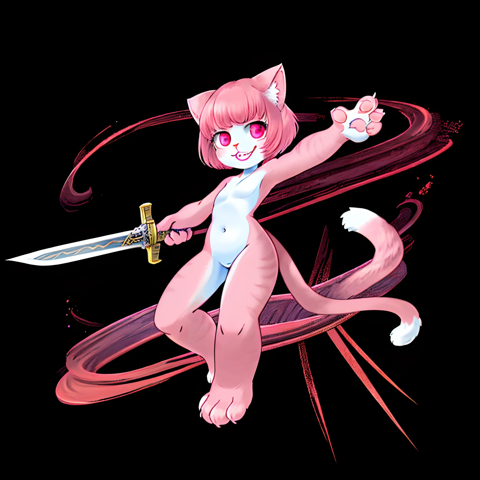 downy furry,,((loli)),PINKr,short hair ,PINK CATt eye, pink downy furry skin,PINK CAT ears, pink furry hand,PINK CAT tail,a strip of furry cat tail,furry CAT legs,furry CAT foot,furry face, furry torso,furry navel,furry lips,furry cat mouth,good anatomy,good artist,good quality,good detail,naked,full body,Killer,Two-handed sword