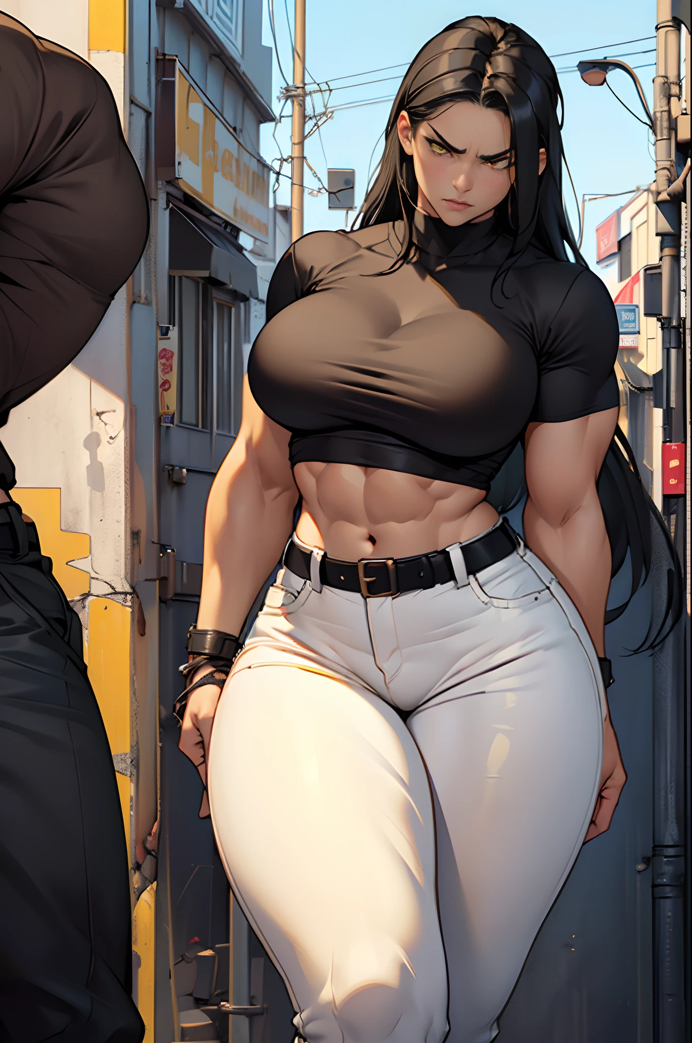((Best quality)), ((masterpiece)), (detailed: 1.4), ((NSFW)), beautiful woman, Asian, short black sleeveless t-shirt, black lag pants, black short hair with red locks, ink, (solo), realistic, (((accurate anatomy))), (((Huge breasts))), ((long legs)), ((wide hips)), ((((Muscular Quadriceps)))), (((((Massive Female Bodybuilder))))),  (((((Huge Muscles))))), (1 girl), large breasts, sexy, thicc