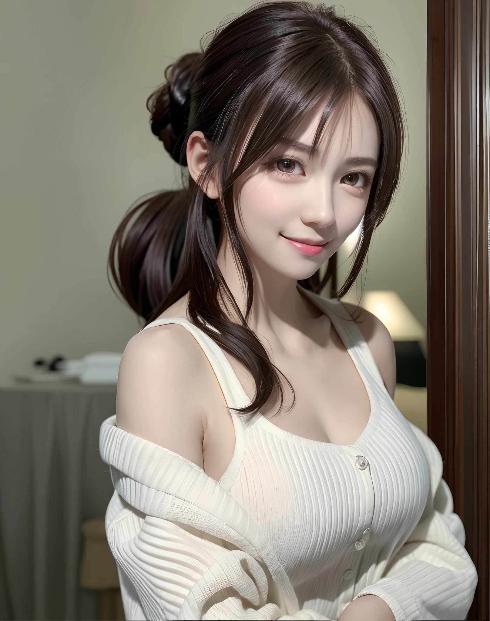 (Best Quality), (masutepiece), (High resolution), (Intricate details:0.2),(Professional Lighting), dressing gown, Detailed background,off shoulders, (Previous view), 1girl in, Solo, (Beautiful face),  Slim body, Fine skin, Smile, brown hair in a ponytail, Beautiful eyes,  look at at viewer,