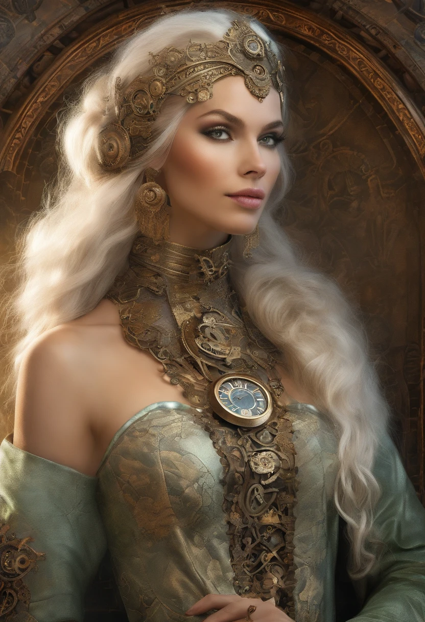 Vintage style fantasy, Masterpiece, Magnificent art, Best quality, 1girll, Close up girl Nordic princess, Scandinavian mountains, Winter weather, symmetrical and hyper detailed face, Silky skin like peach silk, Energetic and aggressive green eyes, Gray hair is messy,All the way to the waist, Sculptural body, (spark of light: 0.7), Adobe illustration, Trand on Artstation, 8K, HD, hyper HD, Cool soft lighting, --q 500 --s 100, -((( Worn out,toppless)))