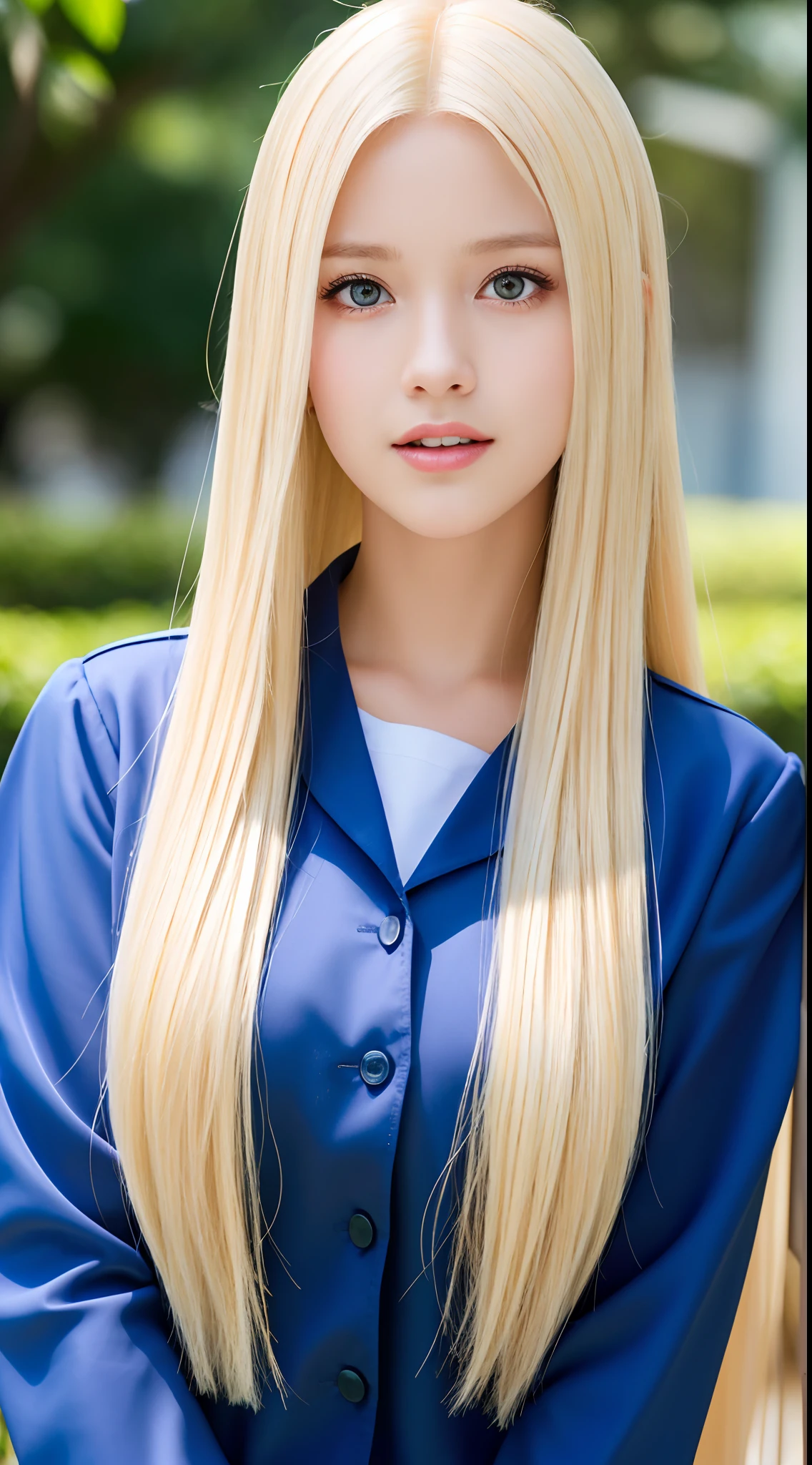 RAW photos, ((Portrait of extreme beauty))), upper body, (((glossy glossy skin)), one, 17-year-old pretty beautiful girl, (shiny bright platinum blonde)), disheveled hair, [bright light blue big eyes shining with high definition], silky straight hair, super long hair, eyeliner, shiny bangs, fluttering hair, inviting expression, smile, ((masterpiece, highest quality, Ultra detail, light, complex detail, high resolution, 8k, very detail)), detailed background, 8k uhd, high quality, shallow depth of field, natural light, (perfect hands), school uniform, sailor suit, puritanical