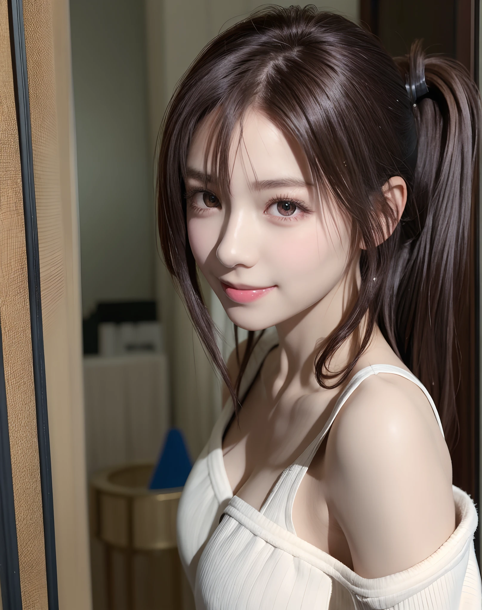 (Best Quality), (masutepiece), (High resolution), (Intricate details:0.2),(Professional Lighting), dressing gown, Detailed background,off shoulders, (Previous view), 1girl in, Solo, (Beautiful face),  Slim body, Fine skin, Smile, brown hair in a ponytail, Beautiful eyes,  look at at viewer,