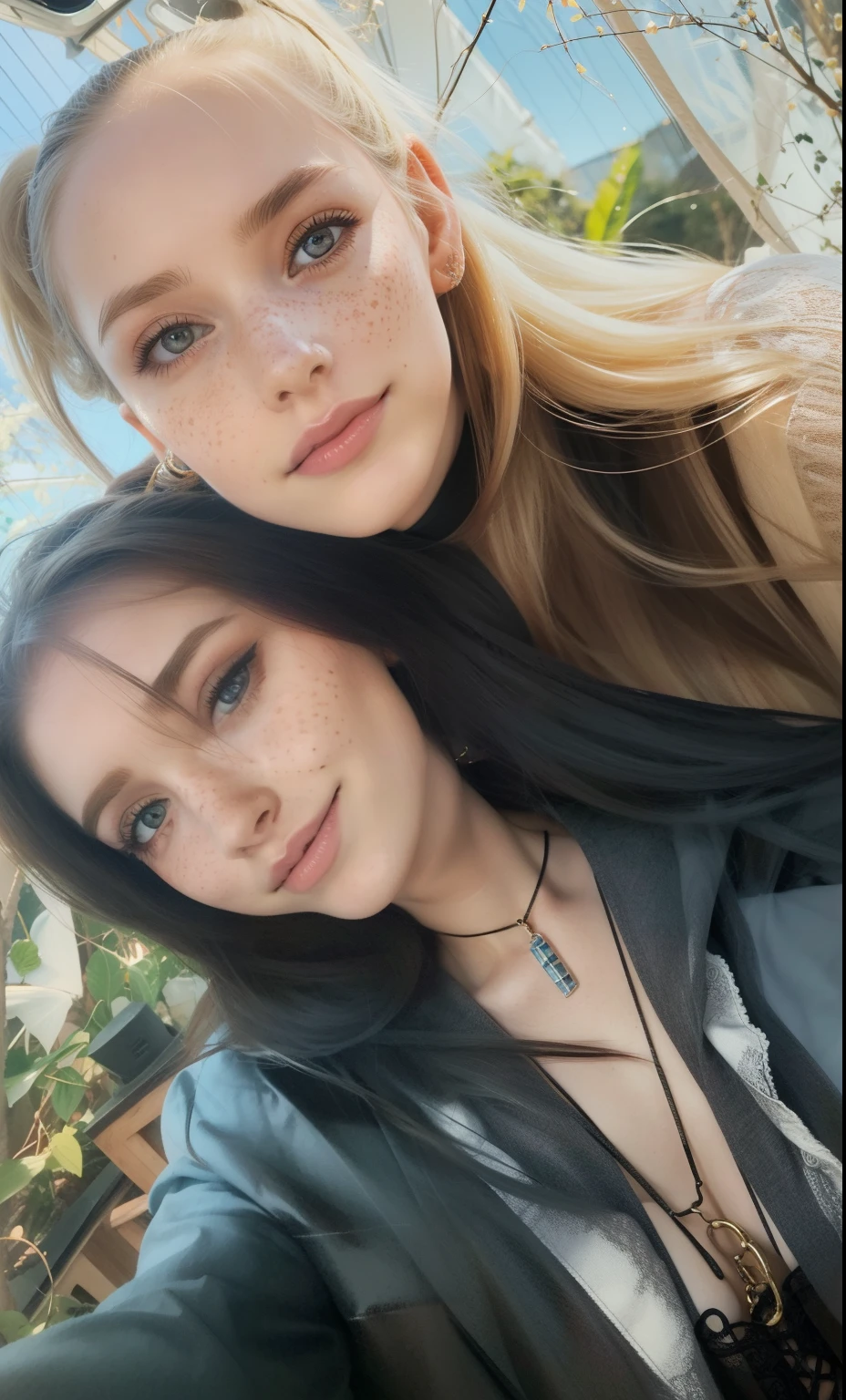 Rosto de uma mulher, americana, 25 anos, pale skin and freckles, olhos cinzas, nariz delicado, soft and delicate lips, cabelo blondie cinza ponytail, sorriso meigo