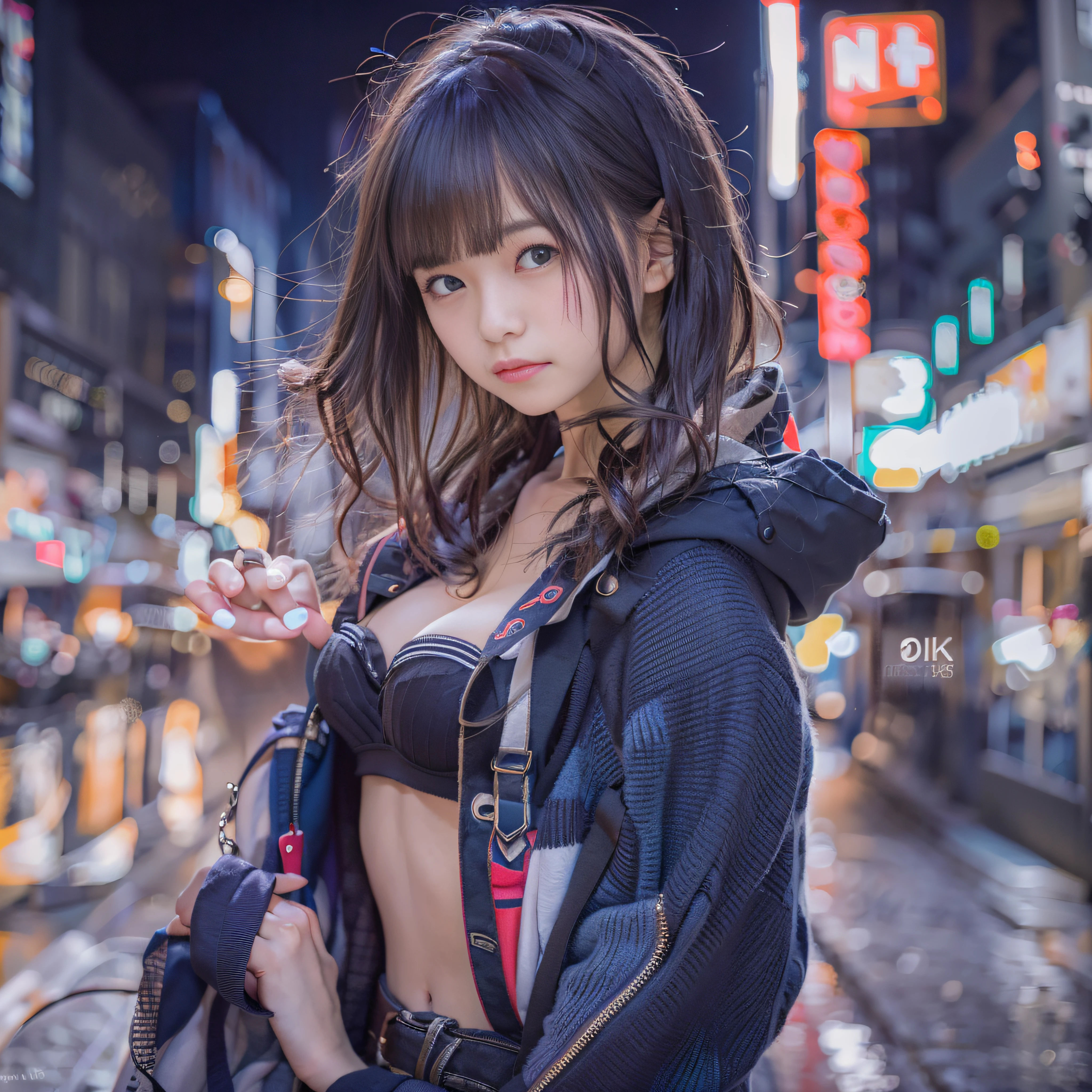 1人、on tokyo street、A city scape、night cityscape、Neon Street、The upper part of the body、a closeup、A smile、、(8K、Raw photography、top-quality、​masterpiece:1.2)、(realisitic、photoRealstic:1.37)、Highly detailed eyelash drawing、(((Top image quality))),Colossal tits、Fine skin, (Beautiful hair), (Perfect Anatomy), (Realistic), (Dynamic Angle), Pose Seductive,Perfect,Sensual look、top-quality、hight resolution、