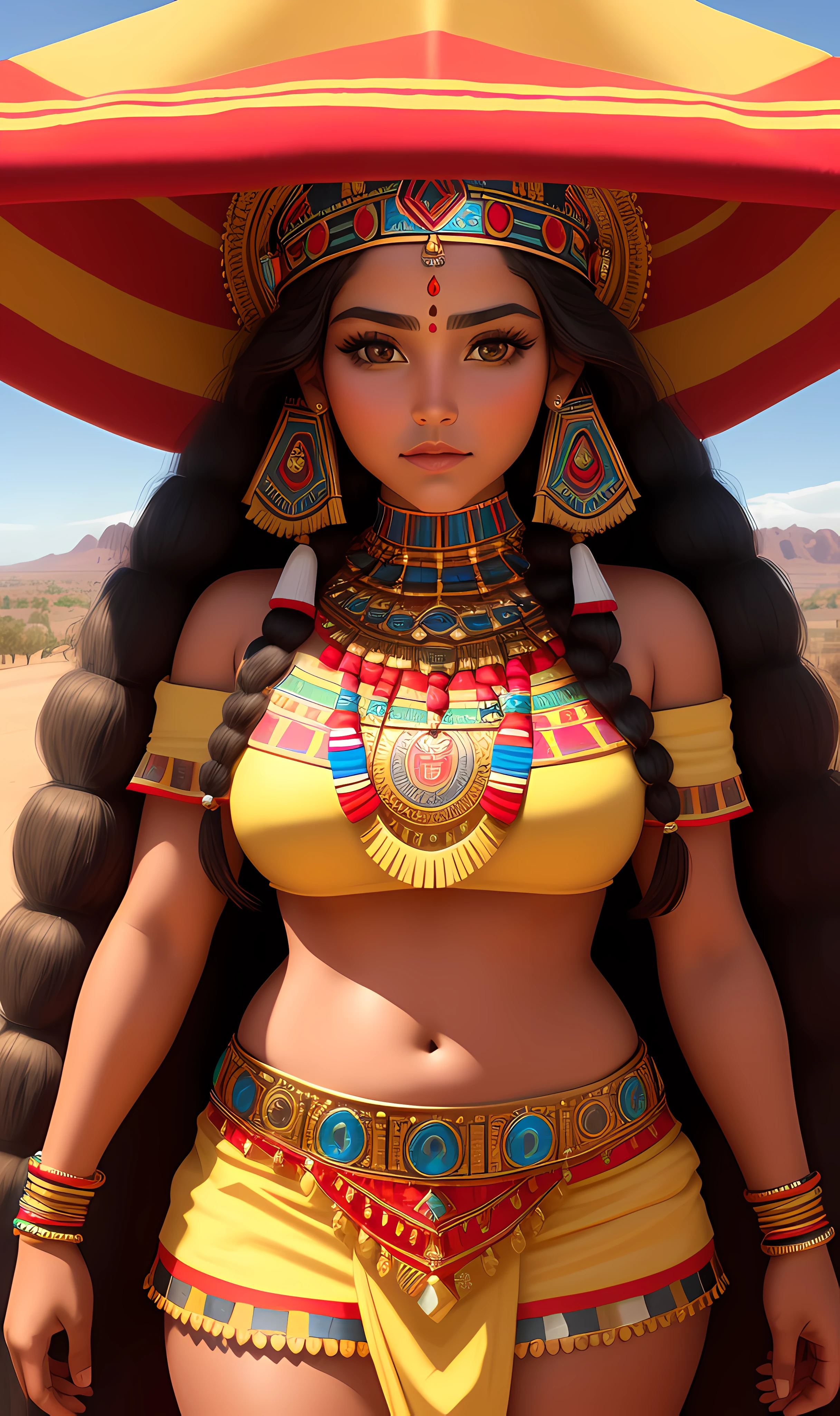 masterpiece, a aztec princess woman), medium peark brasts, in front a piramid, native dress, hi quality, cutty girl,  beautiful detailed face, looking at viewer, gold jowels