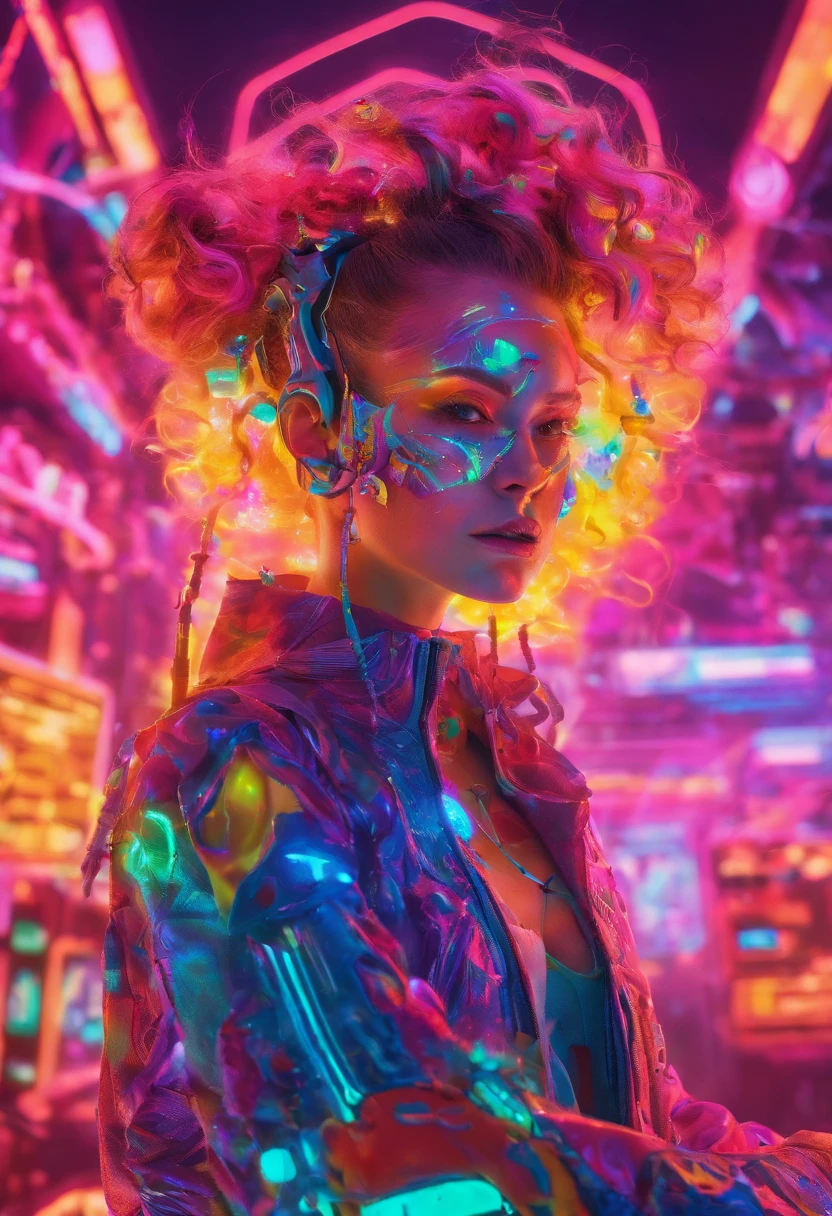 Por favor, gere uma imagem de uma DJ feminina perfeitamente integrada com equipamentos de mixagem de ponta em uma boate com tema cyberpunk. A boate deve ter um visual futurista, neon-lit environment with holographic displays and elements of urban decay. O DJ deve estar no centro da imagem, Skillfully manipulate the equipment with a dynamic pose. Your costume and appearance should reflect the cyberpunk aesthetic, com roupas futuristas, cabelo neon, and cyber enhancements, If possible. Toda a cena deve exalar uma alta tecnologia, dystopian atmosphere.