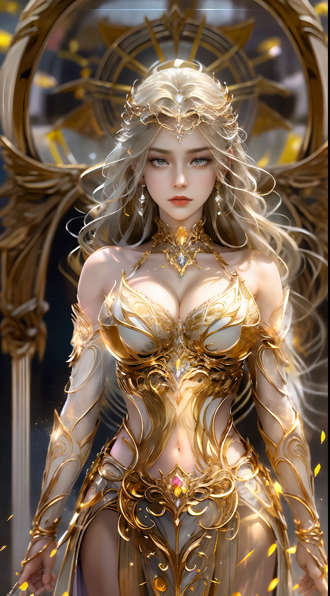 Woman in a golden transparent dress,view the viewer,(((Huge breasts, Large cleavage))),Slim waist,(navel baring,Bare waist), Long hair, Ultra-detailed details,High-end Zhenyi station, Rainstorm site, detailed fantasy art, Stunning character art, Beautiful and exquisite character art, Beautiful gold and silver armor, Extremely detailed, Girl in shiny armor, Exquisite tiaras and jewelry,Crystal jewelry filigree,Delicate pattern, intricately details, (Rich:1.4), prestige, Gorgeous, luxury goods, Royal Palace, jewelry, Pedras preciosas, gold, Diamond, (golden rose), Reflectors,milky ways, Stunning visuals, (dynamic streaks, light tracks:1.2), Vibrant colors,