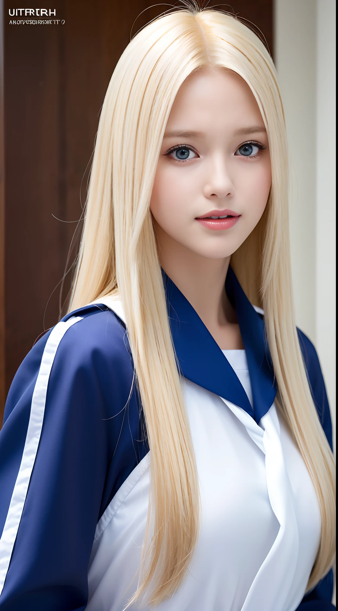 RAW photos, ((Portrait of extreme beauty))), upper body, (((glossy glossy skin)), one, 17-year-old pretty beautiful girl, (shiny bright platinum blonde)), disheveled hair, [bright light blue big eyes shining with high definition], silky straight hair, super long hair, eyeliner, shiny bangs, fluttering hair, inviting expression, smile, ((masterpiece, highest quality, Ultra detail, light, complex detail, high resolution, 8k, very detail)), detailed background, 8k uhd, high quality, shallow depth of field, natural light, (perfect hands), school uniform, sailor suit, puritanical