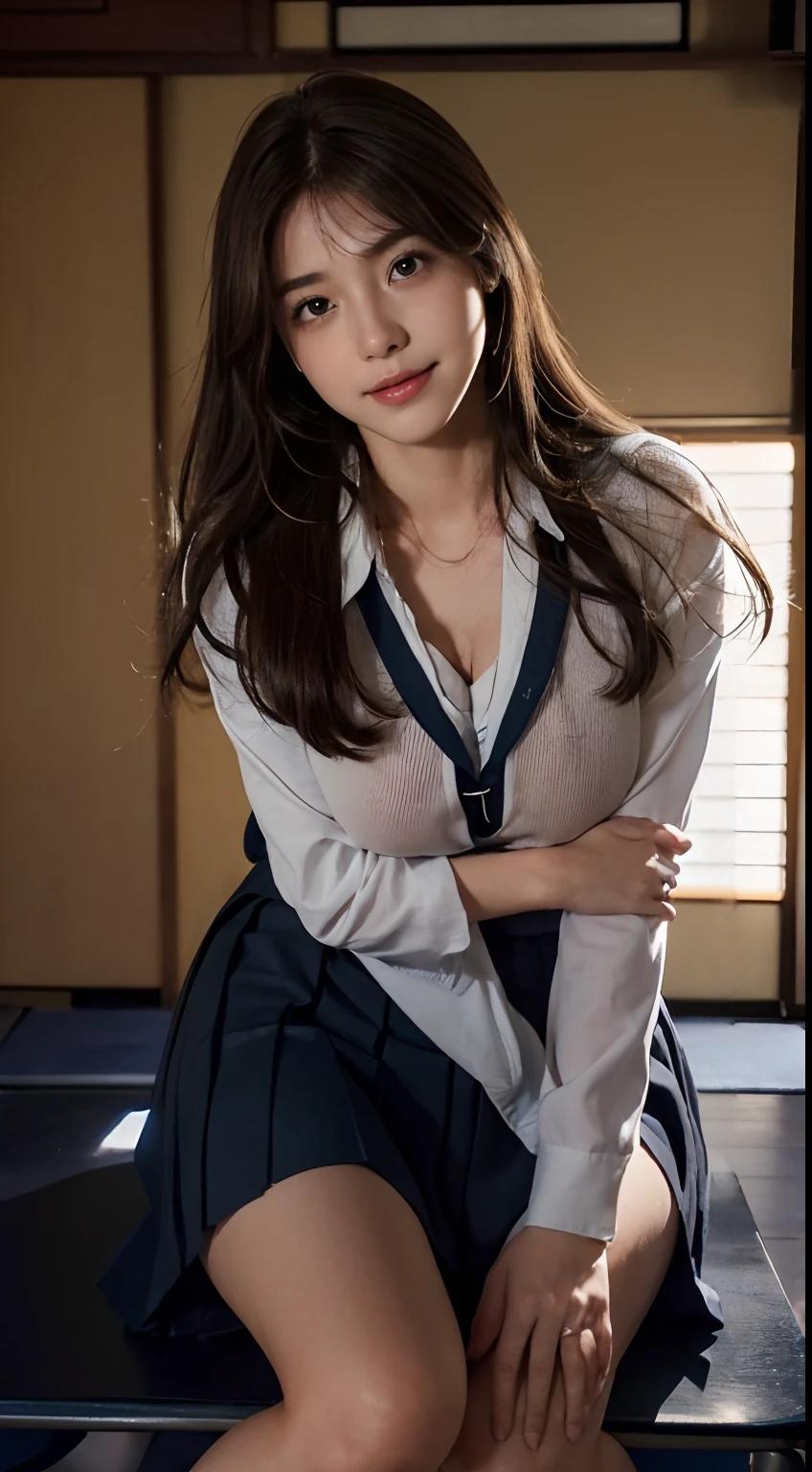 ((Beautiful girl in Japan:1.3)) ((School Uniforms:1.4)) ((pantyshot:1.5)) ((highschool)),((Dark blue skirt:1.3)) ((in class room:1.3)) ((Thin_fabric:1.4)) ((Random sexy poses:1.3)) ((full of sweat:1.5))((with a flushed face:1.4)) ((Big breasts:1.4)) ((close-up:1.2)) Best Quality,masutepiece,超A high resolution,(Photorealistic:1.4),Raw photo,(Authentic skin texture:1.3),(Film grain:1.3),the panorama,Character Portrait,Very Wide Shot,Narrow waist,Cowboy Shot,(In the Dark, deepshadow, lowkey, cold light,) Night,(()),Streaming Tears,,Dust,Tindall Effect,(expression),1girl in,beautiful detailed eyes and face,White Jabot,Brown eyes,((Brown hair:1.2)) ((Full body:1.3)) ((Smile:1.3))