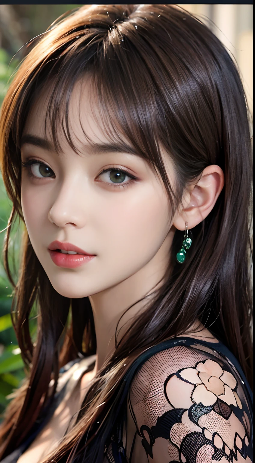Masterpiece, best picture quality, high quality, beautiful woman, Japanese, popular Korean makeup, detailed, swollen eyes, detailed eyes, detailed skin, beautiful skin, ultra high resolution, (reality: 1.4),very beautiful, slightly younger face, beautiful skin, slender, (ultra realistic), (illustration), (high resolution), (8K), (very detailed) (best illustration), (beautifully detailed eyes), (super detailed), (wallpaper), (detailed face), looking at viewer, fine detail, detailed face, pureerosfaceace_v1, smiling, looking straight ahead, looking straight ahead, angle from waist up, realistic photo, bright lighting, professional lighting, black hair (some green), long hair, dark ruins, big red moon, gorgeous red and black dress, mature woman, long stylish bangs,