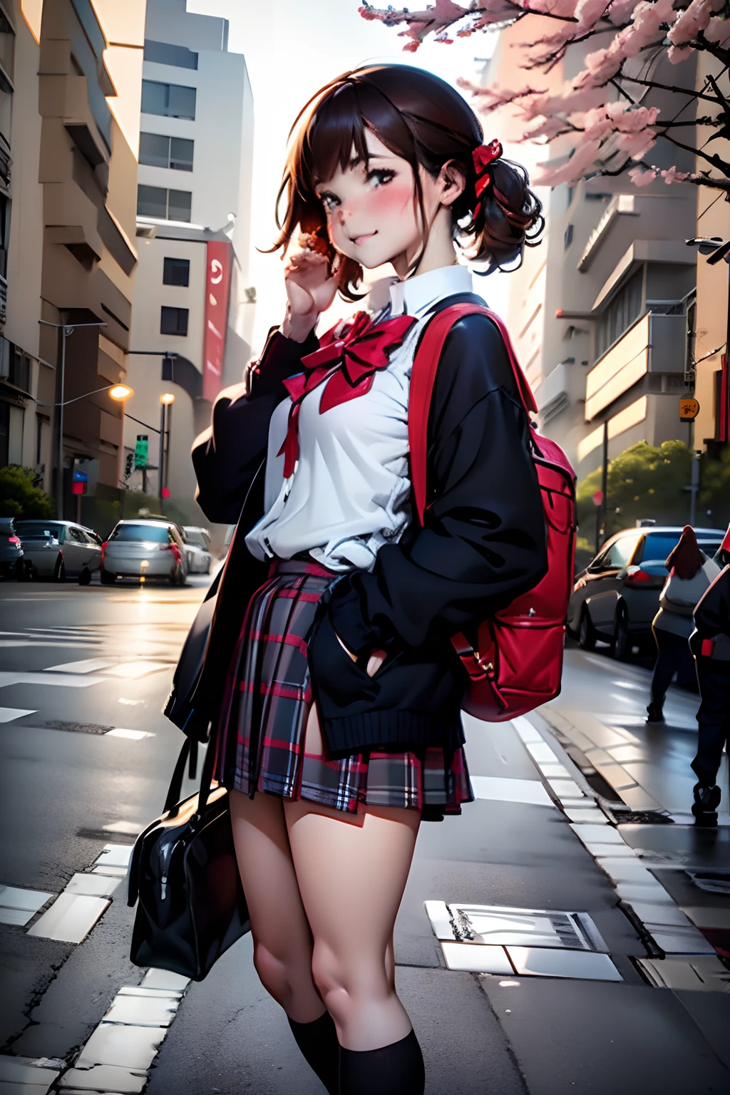 top-quality,masutepiece,Anime style,parfect anatomy,独奏,skirt by the, bags, plein air, jaket, Standing, sockes, shoe, looking at the viewers, Brown Footwear, 校服, Plaid, lowfers, blazers, brown haired, plaid skirts, Black socks, long-sleeve, bangss, Open your clothes, Open jacket, the bow, Brown-eyed, pleatedskirt, a bow tie, tag, length hair, full body Esbian, bush, Red bow, Knee height, The shirt, Mouth closed, sleeves past wrists, rucksack, hand on own face, red bowtie, Black jacket, a school bag, red blush, a plant, Brown skirt, Put your hand on your cheek, bblurry, From Side, raise two hands, look at side, shirt with collar, a miniskirt, white shirt, Cardigan, Grassy, Sweaters, lightsmile,longshot, (low angles), (top down), Realistic scale,Significant shrinkage:1.5、photos realistic、Super Detail, Realistic, Super realistic, lifelike rendering,plein air,Sakura Blooming Street,Professional Photographer