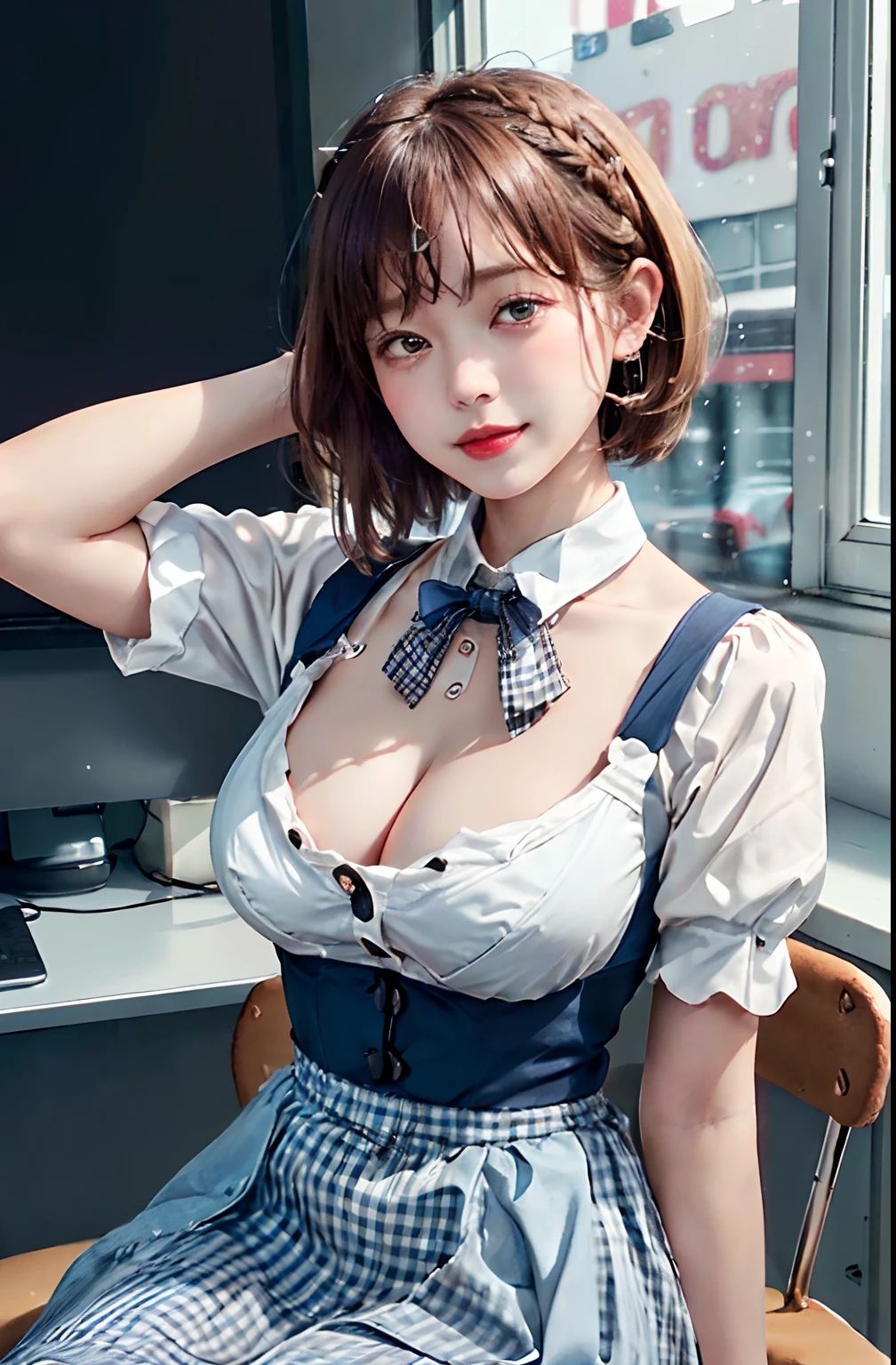 ​masterpiece、top-quality、超A high resolution、(photographrealistic:1.4)、(Sit on a chair:1.7、Put your arm on the desk in front of you:1.7、Place your head on the desk:1.7、Put your face on the desk:1.7、Beautiful woman lying on desk:1.7)、(Simple necklace in silver color:1.5)、((1girl in、White fair skin:1.4、looking at the viewers、Cowboy Shot、spotless、cute little、The long-haired、A dark-haired、Light Brown Fringe Hair、Braided hair、disheveled hair、Light brown eyes、、short hair with bangs、bursting milk in the same way))、 (Red bow:1.3), (A smile)、High detailed eyes、long neck、(((short hair with bangs)))、Lashes、(((natural soft light、gazing at viewer、Entice your audience、爆乳、Highlights in the eyes)))、[(Hassleblad H6D-400c)], [(Medium format image)],[(dream-like)],[(400 mega pixels)], (Photorealsitic:1.4), (Raw photography:1.2), (8K), (​masterpiece:1.3), (realisitic), (A hyper-realistic), ultra-detailliert, illustratio, very_high_Realistic:1.5 ,very_high_resolution:1.5, nffsw, nffsw, Unity, 8K Picture Wallpaper, astonishing、finely detail, Official art, Highly detailed ticker Unity 8k wallpaper, (top-quality), incredibly absurdness, ultra-detailliert, Light on the Face, cinematric light, 电影灯光, Professonal lighting、photon maping、Radio City、physically-based renderingt、solofocus、foco nítido、 hight resolution、ighly detailed、extremely delicate and beautiful、intricate detailes、face muscles、a beautiful detailed girl、Natural makeup、extra detailed face、looking at away、(Gingham Check Suspender Apron:1.3), (Solid Blue High Waist Skirt:1.3), (Apron over skirt:1.2), (White blouse:1.3), (double-breasted,Underbust:1.2), Short sleeves, buttonGap, (Solid blue bow tie:1.2),(Bread salesperson:1.5)、(爆乳:1.8)、(sexy movements:1.5）、(Gingerbread AI:1.4)