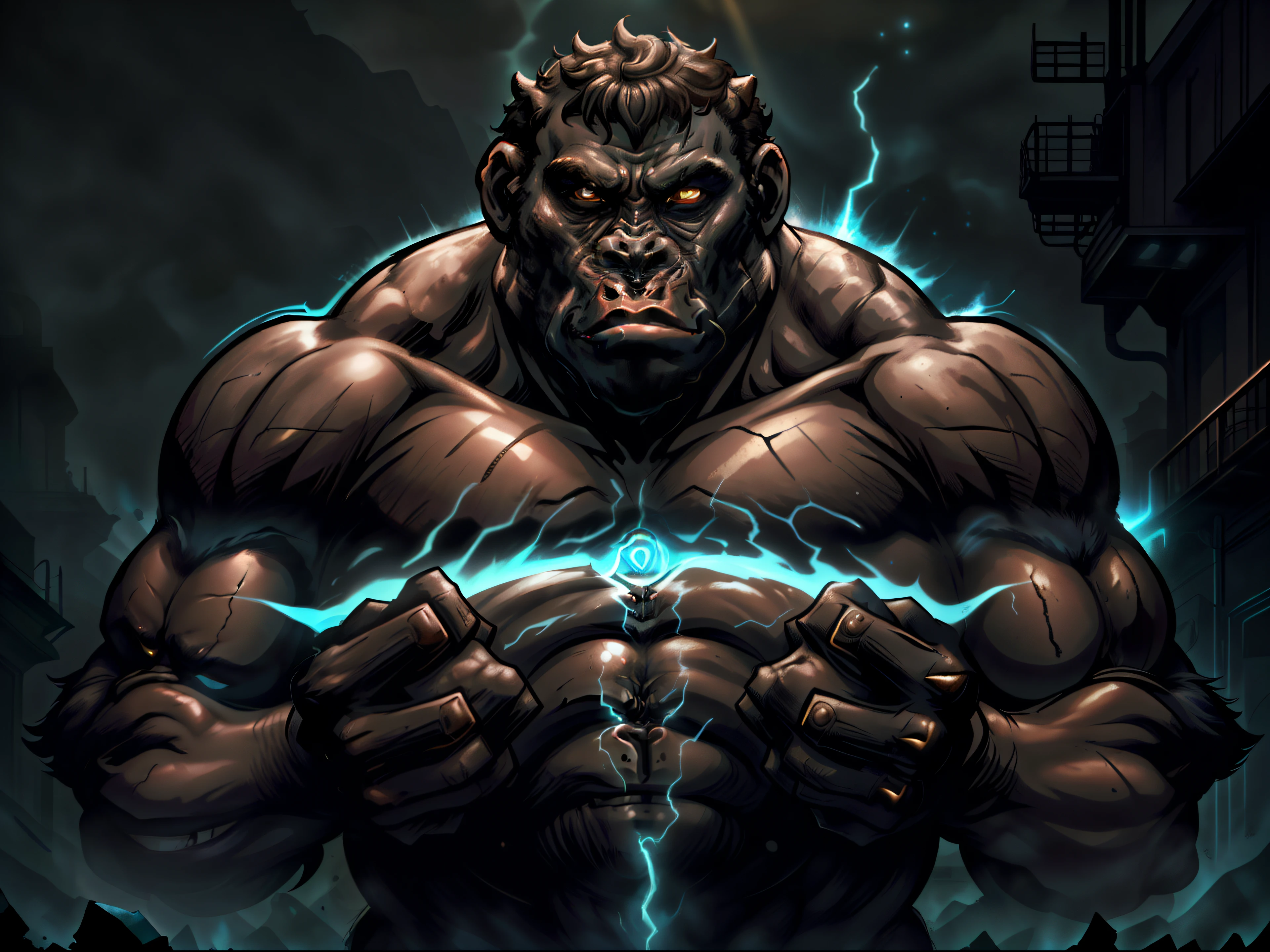 Visualize a full-bodied evil gorilla in a dark setting with dazzling cinematic lights. Certifique-se de que o rosto do gorila seja impressionantemente detalhado, com sombras bem definidas, while the image maintains 8K quality and an impactful HDR effect