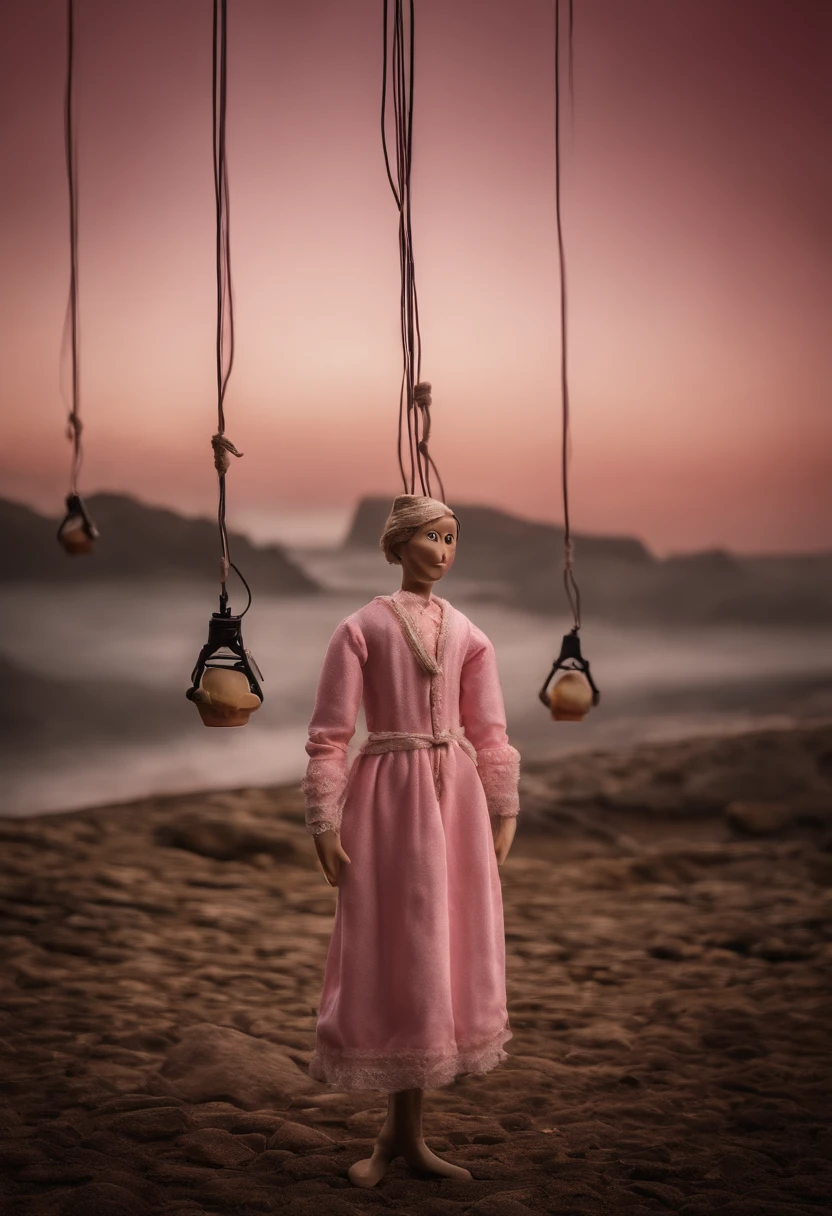 Realistic human made of human puppet with hanging cables attached to it controlled by the title saying "TIK-FREAK" (("Obrigada pelo rosa.")),