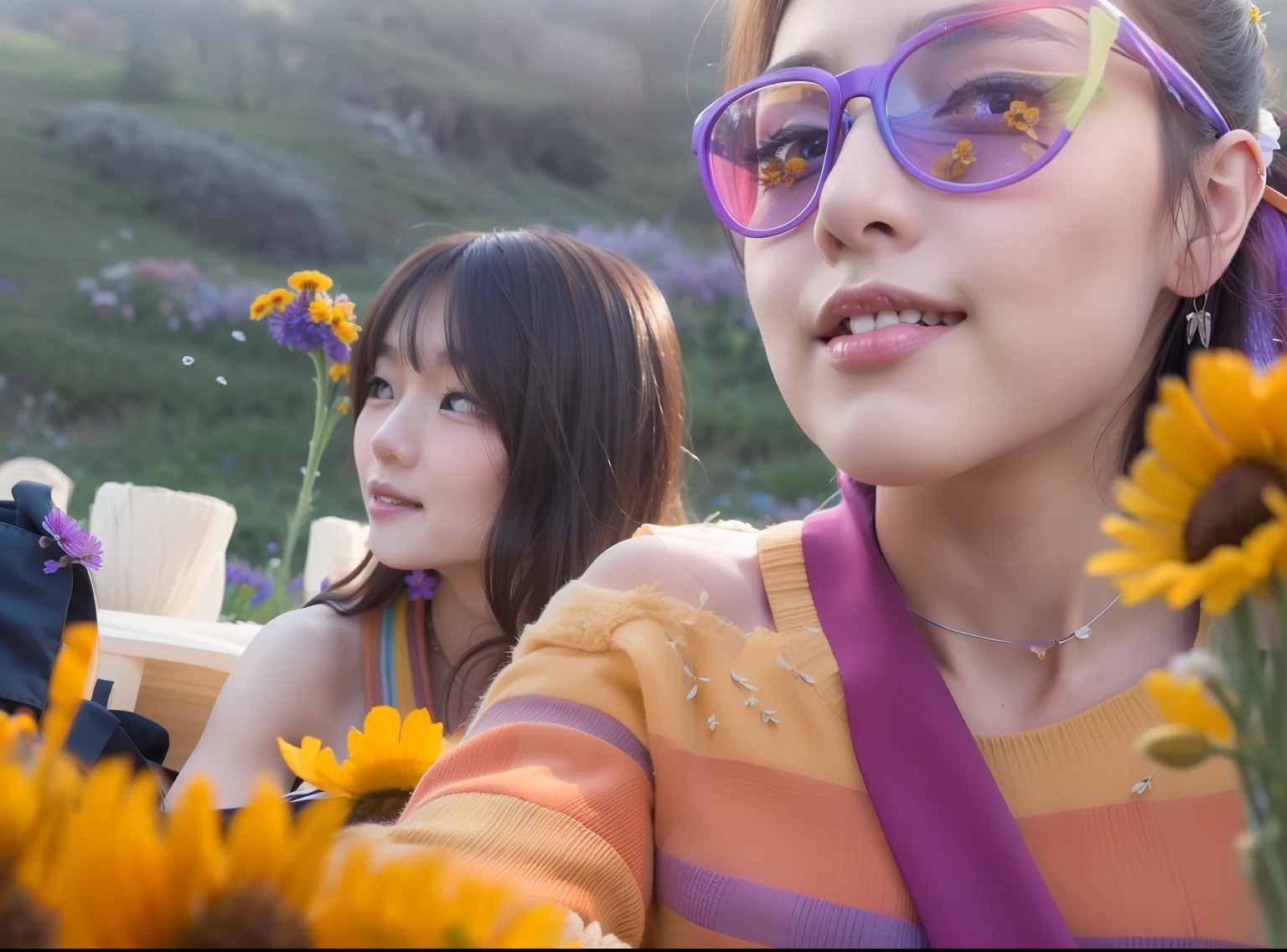 best quality, ultra high res, (photorealistic:1.2), a (smiling:1.4) 24-year-old Asian actress wearing elegant (wind blown:1.2) (dress:1.2) in a valley full with millions of (multi-color wild flowers:1.6), detailed face, (solo: 1.4), (wind blown:1.2) hair, mix4, (face lit:1.4)