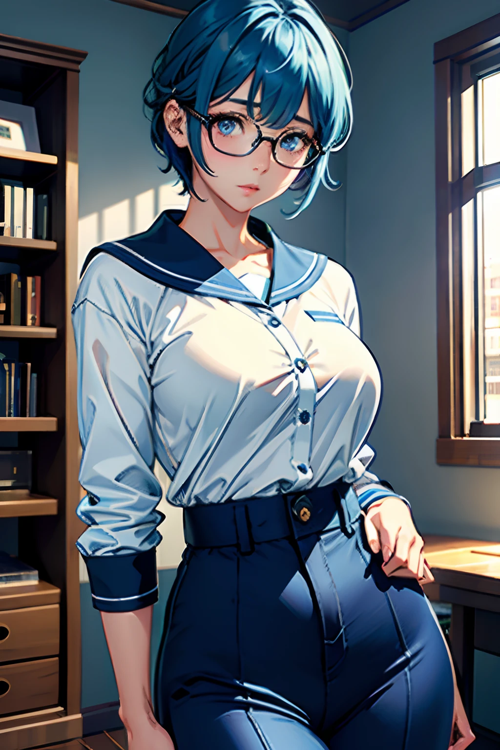 (Very detailed Unity 8K CG wallpapers)、最高品質、single、1girl in、Beautiful, detailed blue pupils Very delicate and beautiful)、(Beautiful and detailed eye description.)、ultra-detail、master-piece、))、Colossal、Atlibrary、Put your hands on it.、real light、Sailor Mercury、whitehair 、School uniform、eye glasses、pantylines