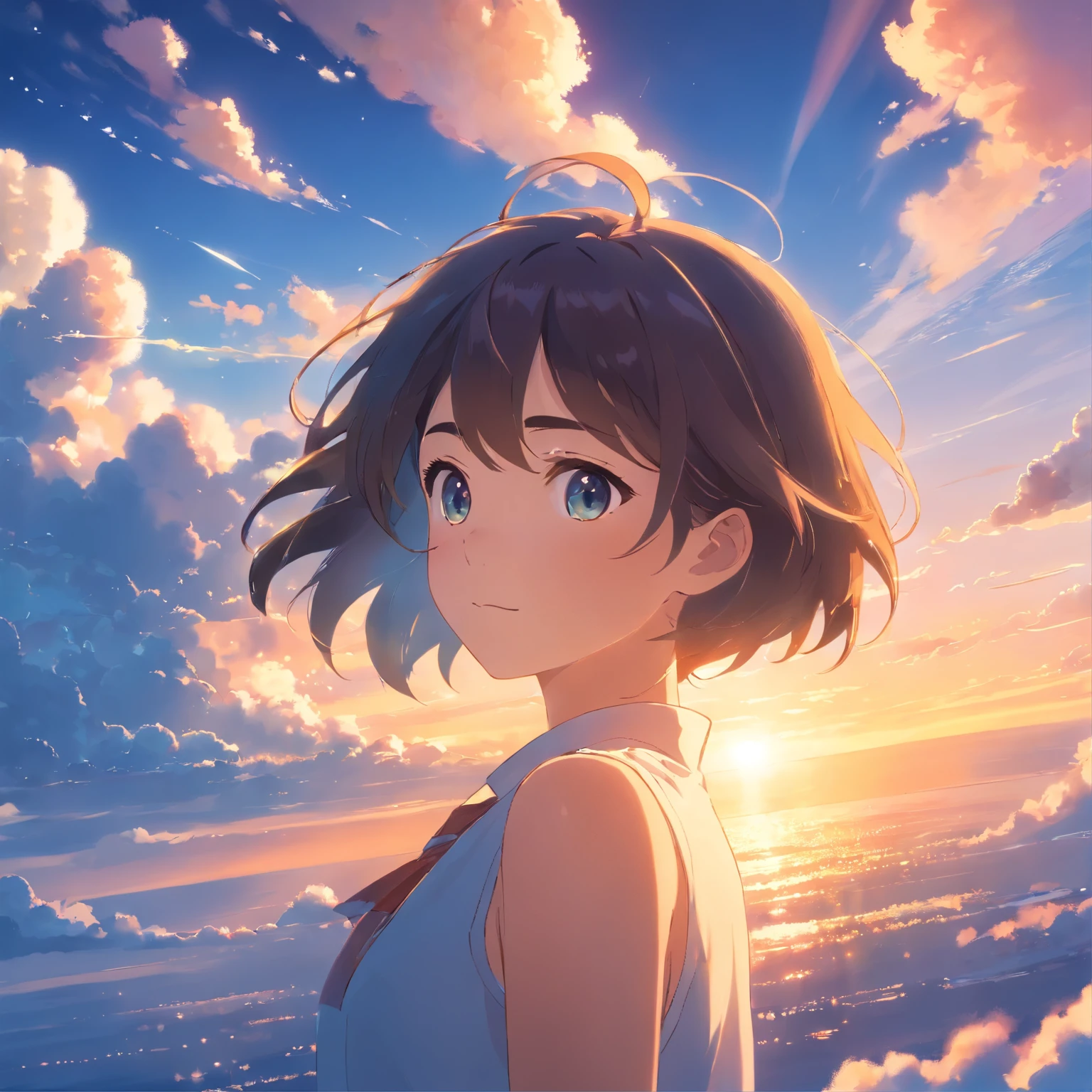 masterpiece, best quality, movie still, 1girl, cloud girl, floating in the sky, close-up, bright, happy, warm soft lighting, sunset, (sparks:0.7)