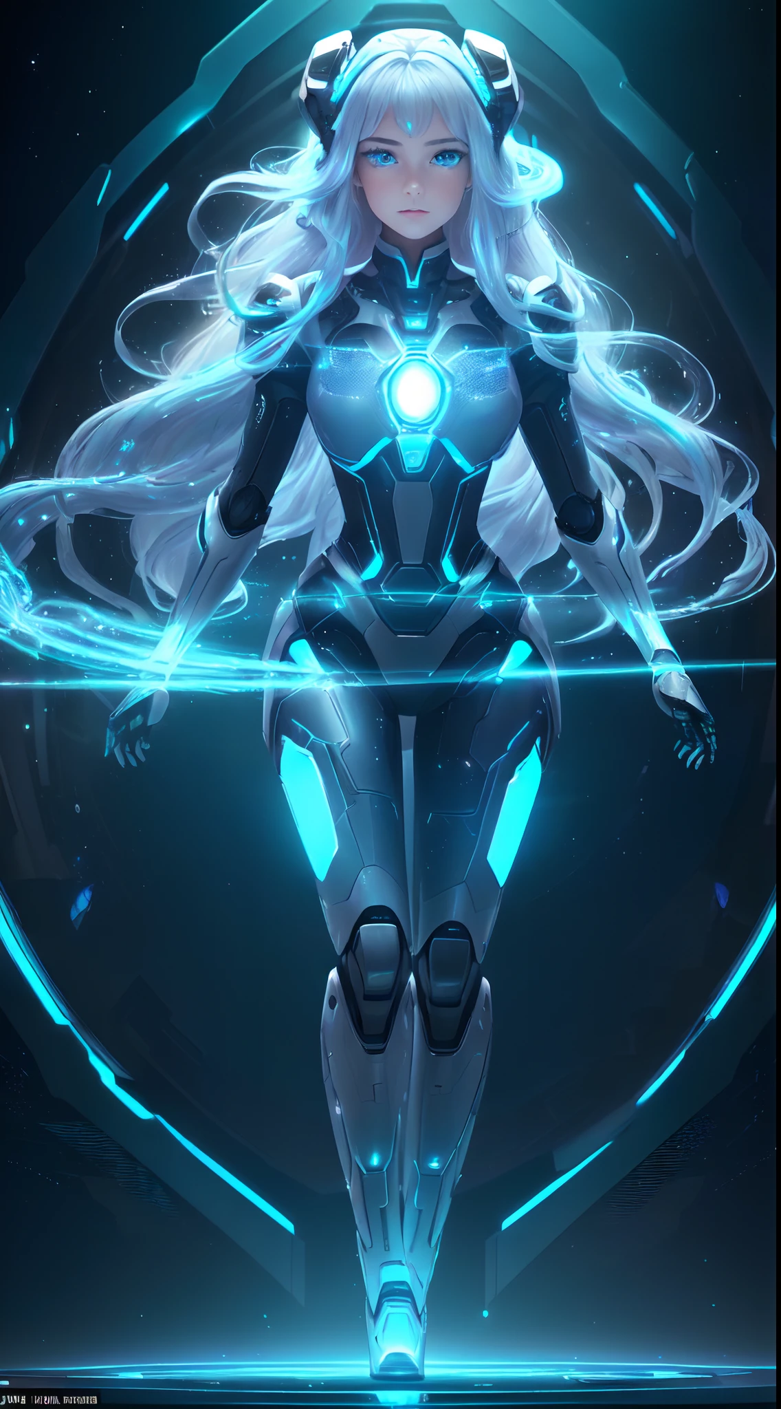 motor irreal:1.4,UHD,La mejor calidad:1.4, fotorrealista:1.4, textura de la piel:1.4, obra maestra:1.8,((Beautiful robot woman Vividly colored digital image of a symmetrical young and ethereally beautiful face with icy blue long hair and eyes reflecting the galaxy., With an elegant futuristic dress that shines with holographic light reflections, De pie frente a un elegante, Glowing portal emitting fog and glowing particles, It's inside a high-tech lab full of screens and shiny equipment.., Rendered in a stunning sci-fi anime art style with cinematic lighting, intricate linework, and a beautiful structure of atmospheric glow effects ))