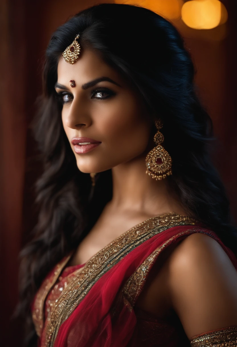 Beautiful women on the eyes, dark haired, muscular, with half-naked Indian