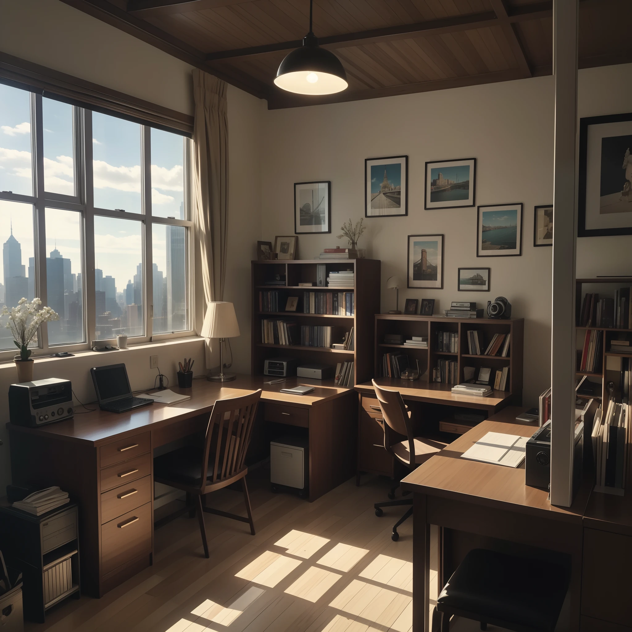 from movie still, works of art, masterpiece, super detail, high quality, award winning, 8k, A retro phone is on the desk, There are also typewriters, 1960s interior, at the office, in NY, A reliable place to work, Desaturated look, vignetting, natural light, on a sunny day, in winter, in the afternoon