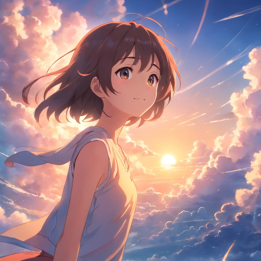 masterpiece, best quality, movie still, 1girl, cloud girl, floating in the sky, close-up, bright, happy, warm soft lighting, sunset, (sparks:0.7)