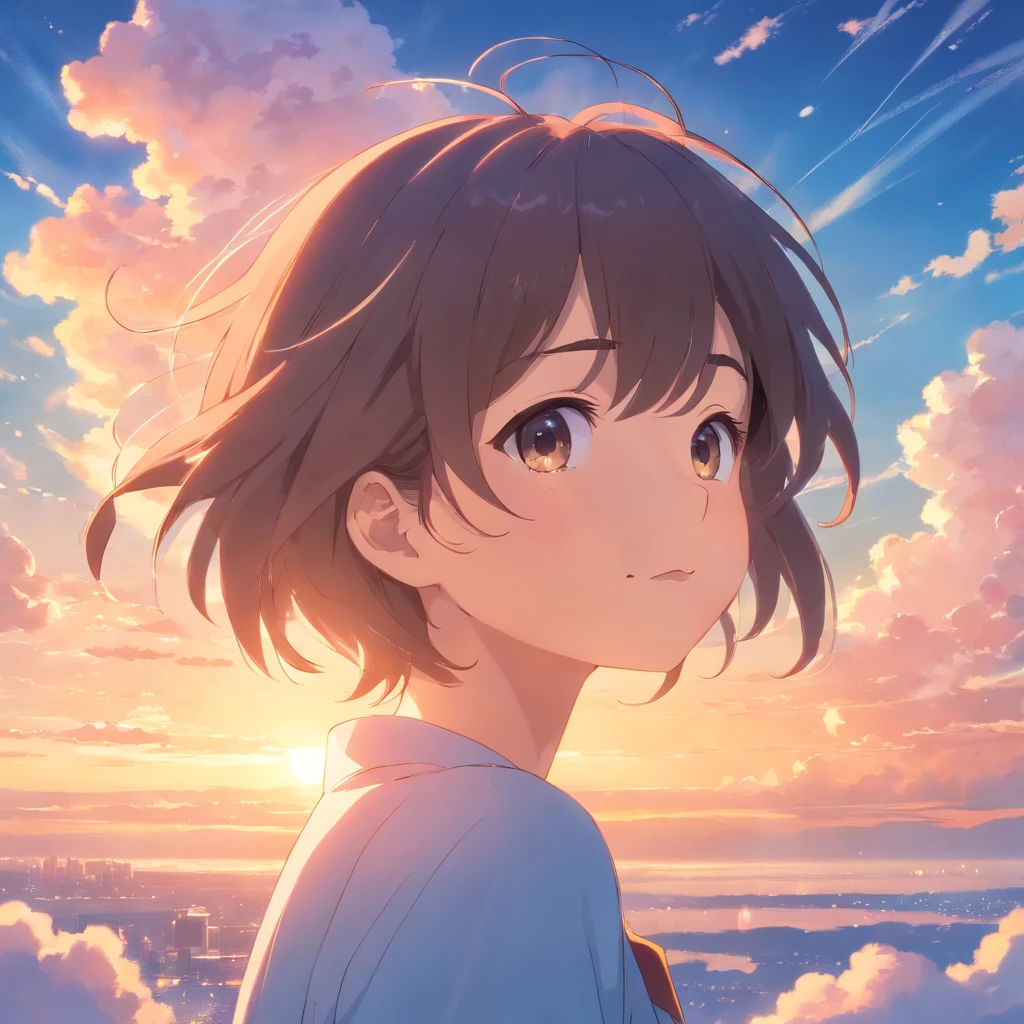 masterpiece, best quality, movie still, 1girl, cloud girl, floating in the sky, close-up, bright, happy, warm soft lighting, sunset, (sparks:0.7)