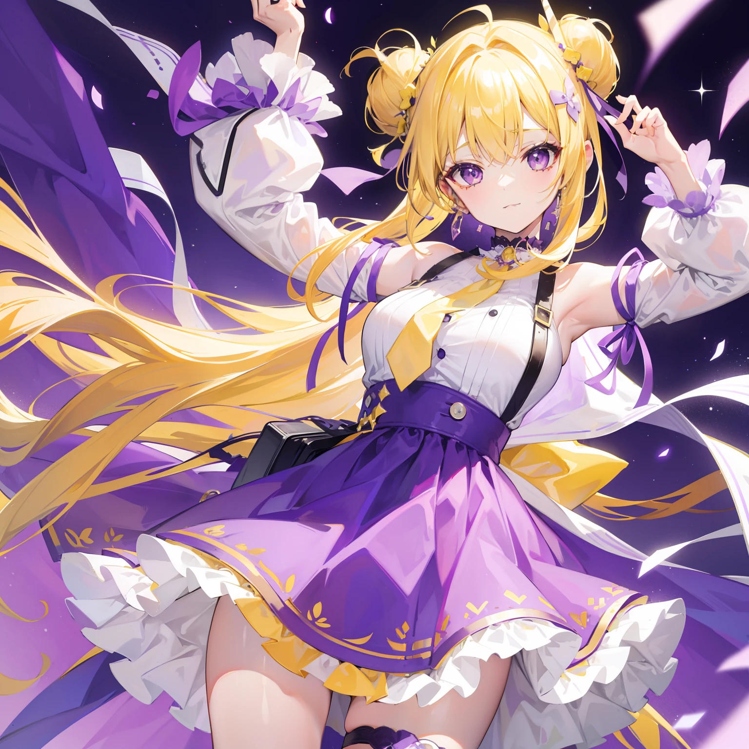 Long purple and yellow bangs，Tie up a high bun，Purple simple dress, Yellow and white accessories，Cute and lively beautiful girl，The charm was very tempting