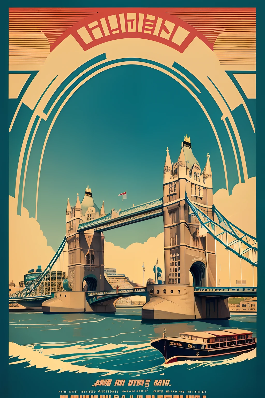 illustrated art, bridge over the river with a boat passing by, tower bridge, london, river thames, elegant bridges between towers, thames river, the fabulous city of london, soaring towers and bridges, in london, united kingdom, great britain, tall bridge with city, typical, london south bank, vibrant tourism poster, digital art, retro poster, poster vintage, vintage poster style, poster art style, 🪔 🎨;🌞🌄, beautiful retro art, art deco poster, illustrated poster