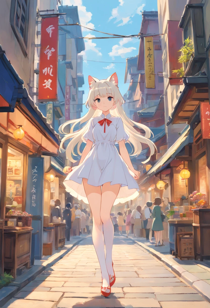 Stand barefoot,Masterpiece,long whitr hair,Extremely tall girls,A giantess,In the city,Full limbs,The face is delicate,White double ponytail,White eyes,White ta,Long-range shots,white stockings,There are cat ears on the head, white dresses, cute big breasts,Chopstick legs,Slender calves,Slender,high-heels
