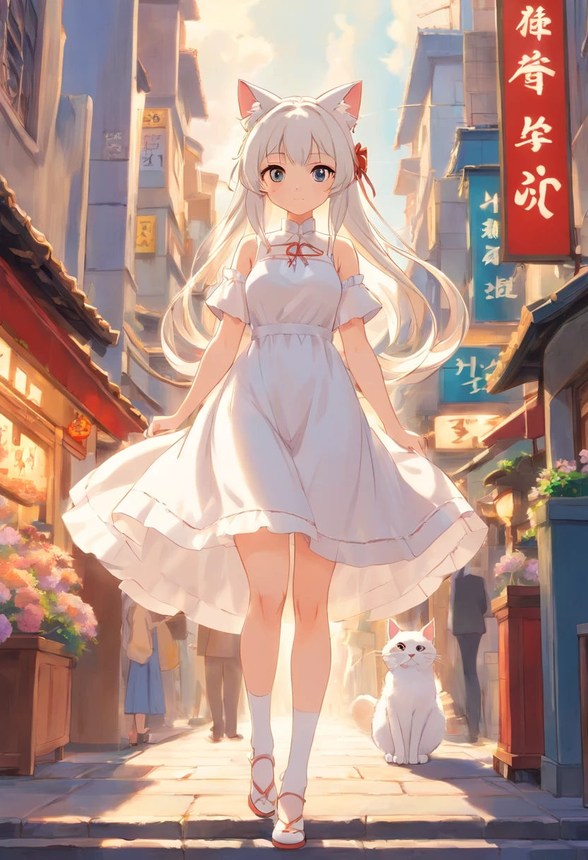Stand barefoot，Masterpiece，long whitr hair，Extremely tall girls，A giantess，In the city，Full limbs，The face is delicate，White double ponytail，White eyes，White Lolita，Long-range shots，white stockings，There are cat ears on the head, white dresses， cute big breasts，Chopstick legs，Slender calves，Slender，high-heels
