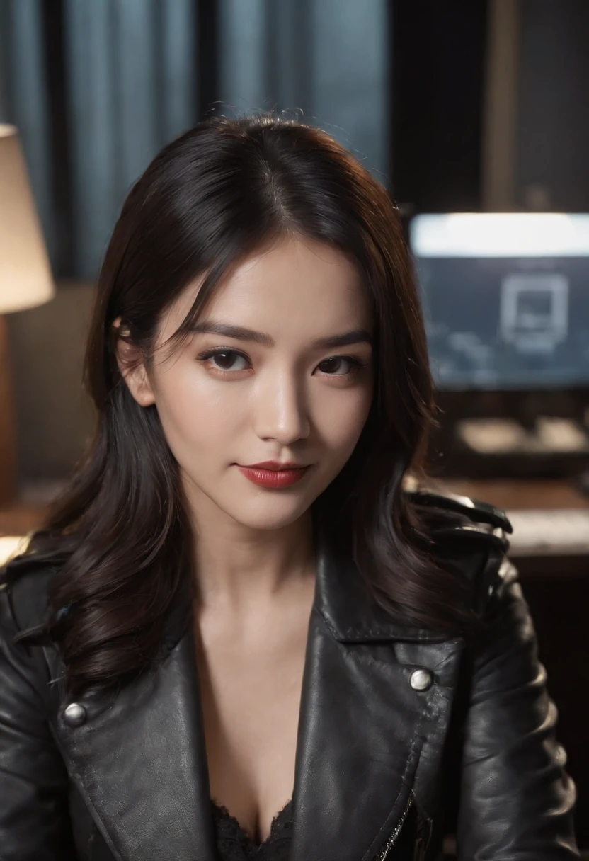Wearing black leather gloves in both hands, upper body, black leather rider's jacket, facing the desk in the modern study in the dark, looking down, smiling, long, straight black hair, young Japanese woman (black leather gloves covering both hands) Sitting on a chair with the fingers of black leather gloves, working on the computer