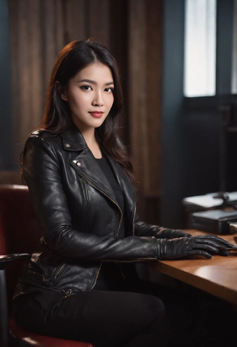 Wearing black leather gloves in both hands, upper body, black leather rider's jacket, facing the desk in the modern study in the dark, looking down, smiling, long, straight black hair, young Japanese woman (black leather gloves covering both hands) Sitting on a chair with the fingers of black leather gloves, working on the computer