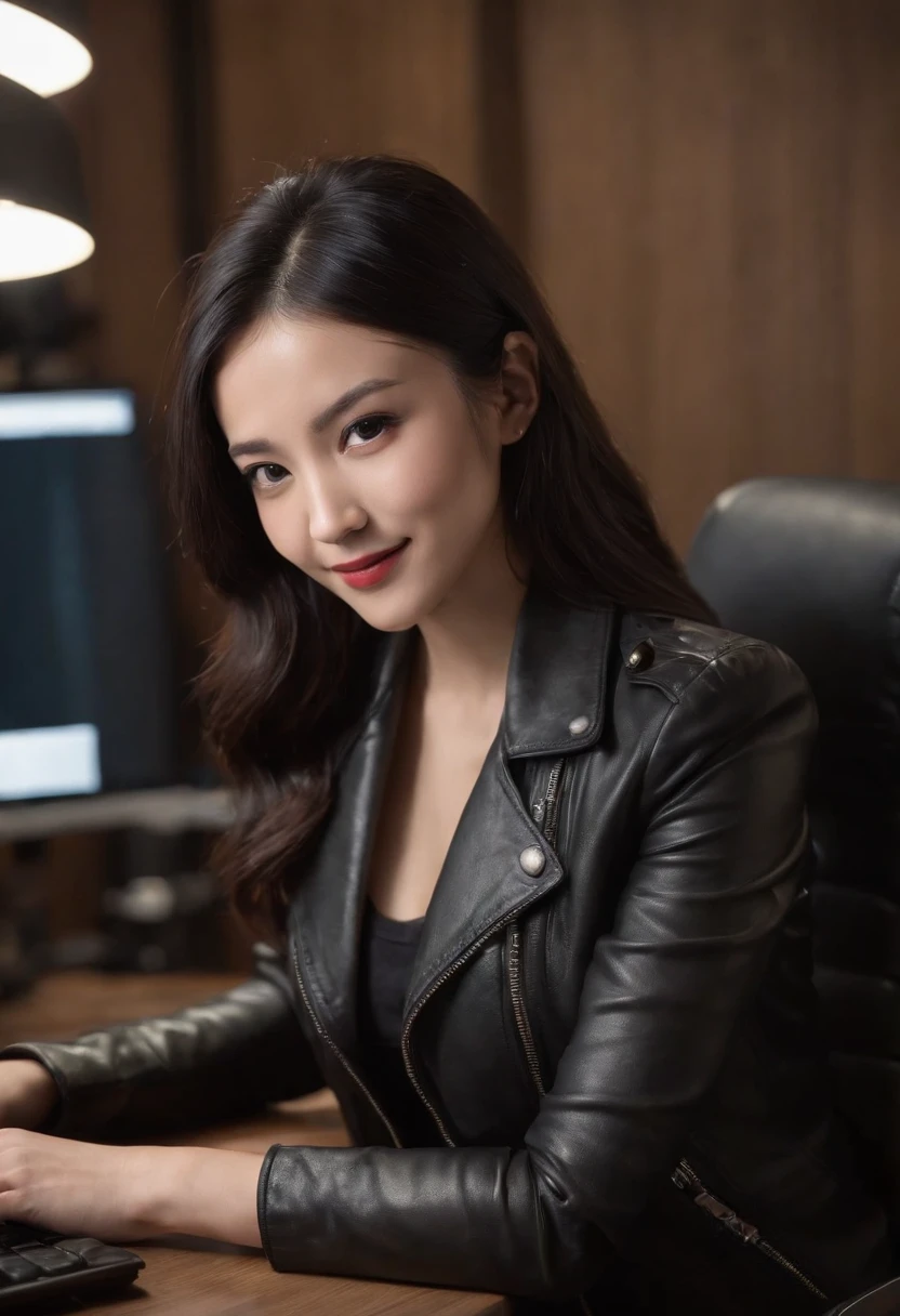 Wearing black leather gloves in both hands, upper body, black leather rider's jacket, facing the desk in the modern study in the dark, looking down, smiling, long, straight black hair, young Japanese woman (black leather gloves covering both hands) Sitting on a chair with the fingers of black leather gloves, working on the computer