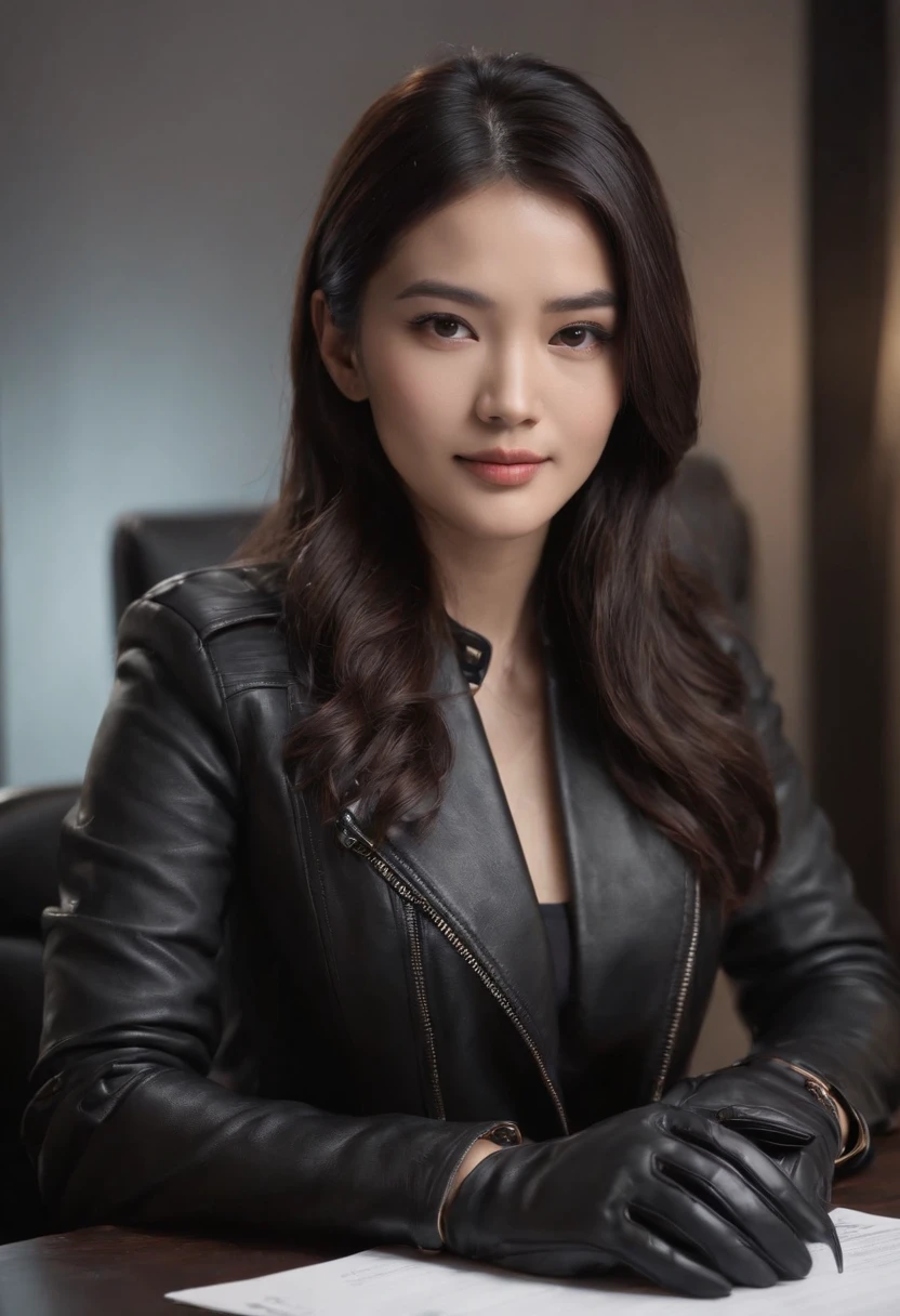 Wearing black leather gloves in both hands, upper body, black leather rider's jacket, facing the desk in the modern study in the dark, looking down, smiling, long, straight black hair, young Japanese woman (black leather gloves covering both hands) Sitting on a chair with the fingers of black leather gloves, working on the computer