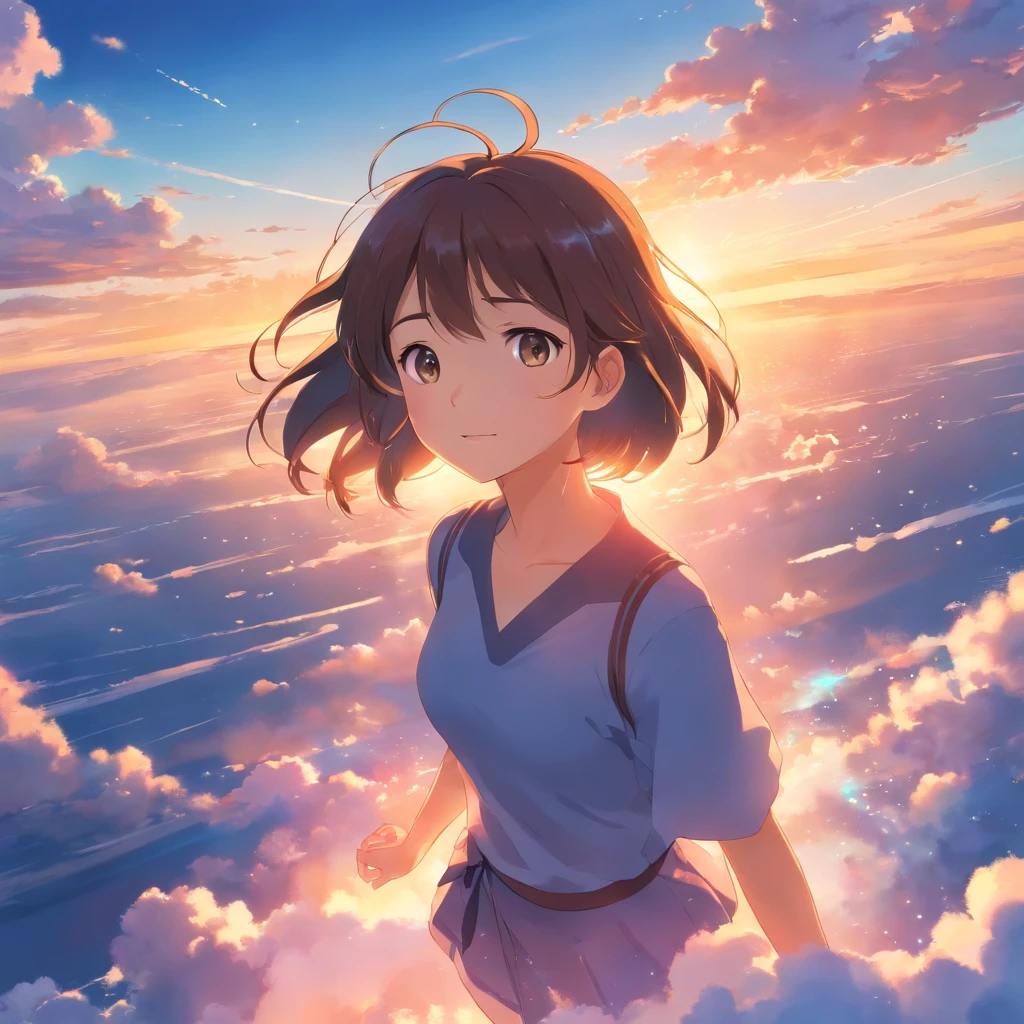 masterpiece, best quality, movie still, 1girl, cloud girl, floating in the sky, close-up, bright, happy, warm soft lighting, sunset, (sparks:0.7)