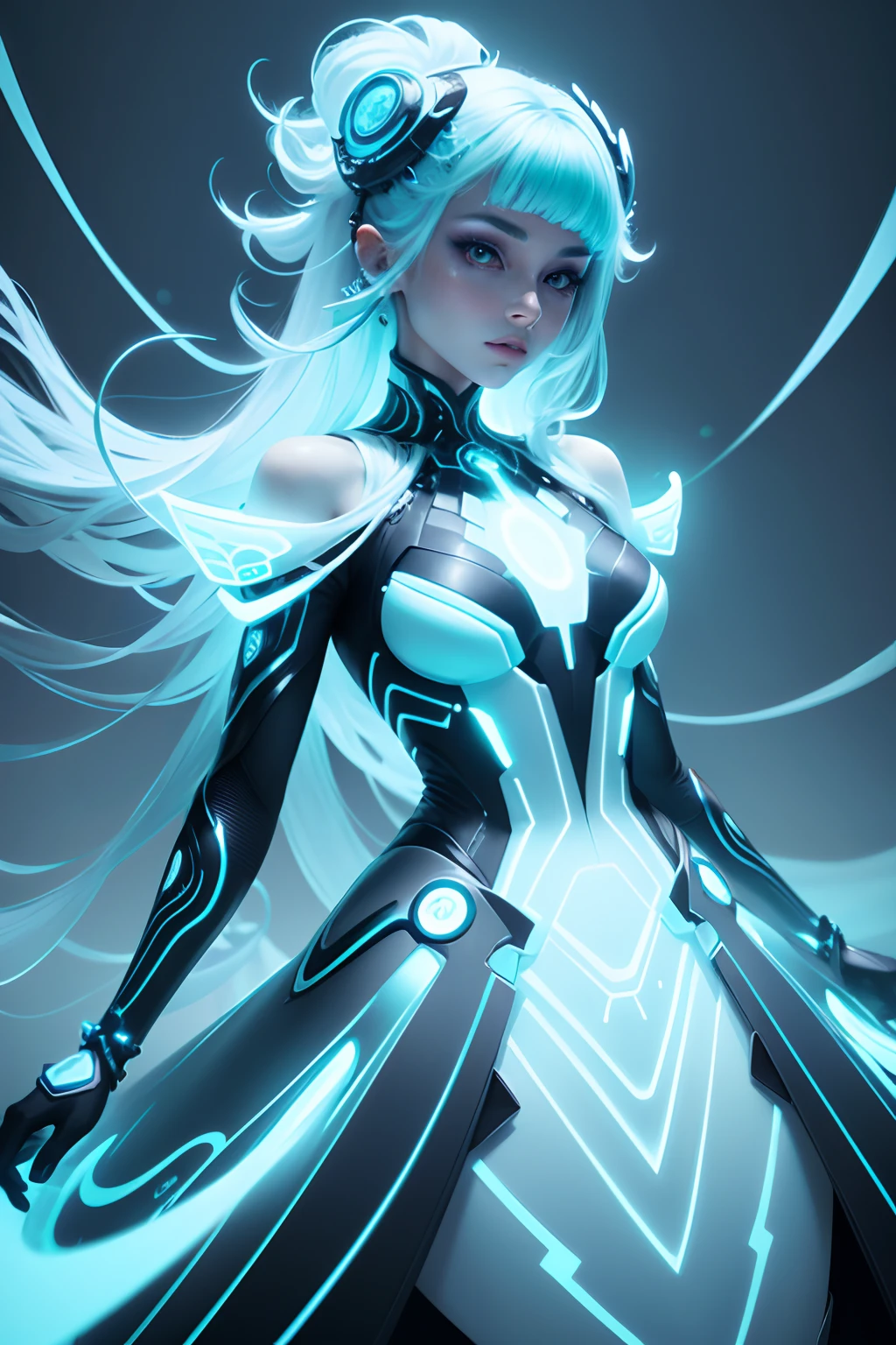 Futuristic fashion portrait of a mesmerizing humanoid figure adorned in bioluminescent garments, emanating ethereal energy waves. Be bold, electrify the senses, and transcend reality. (Portrait, Fashion, Bioluminescent)