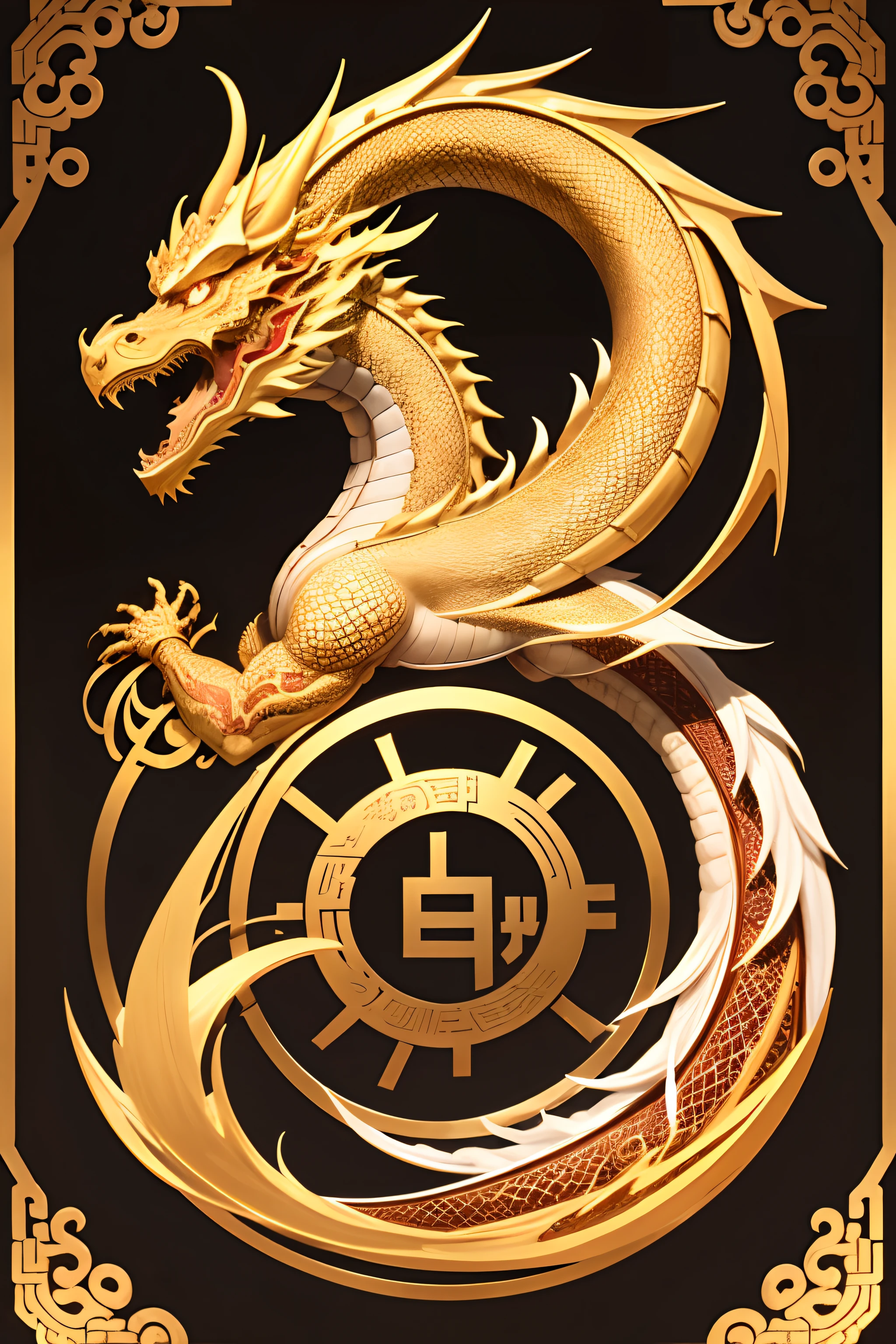 um logo,metalizado,dourado,oriental,with a Chinese dragon around him.