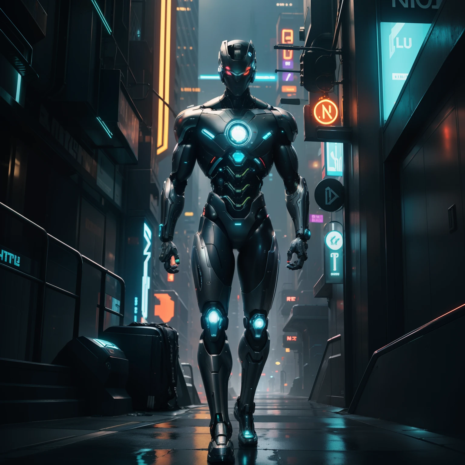 Imagine a cybernetically enhanced human navigating a futuristic cityscape, their metallic limbs gleaming in the neon lights."