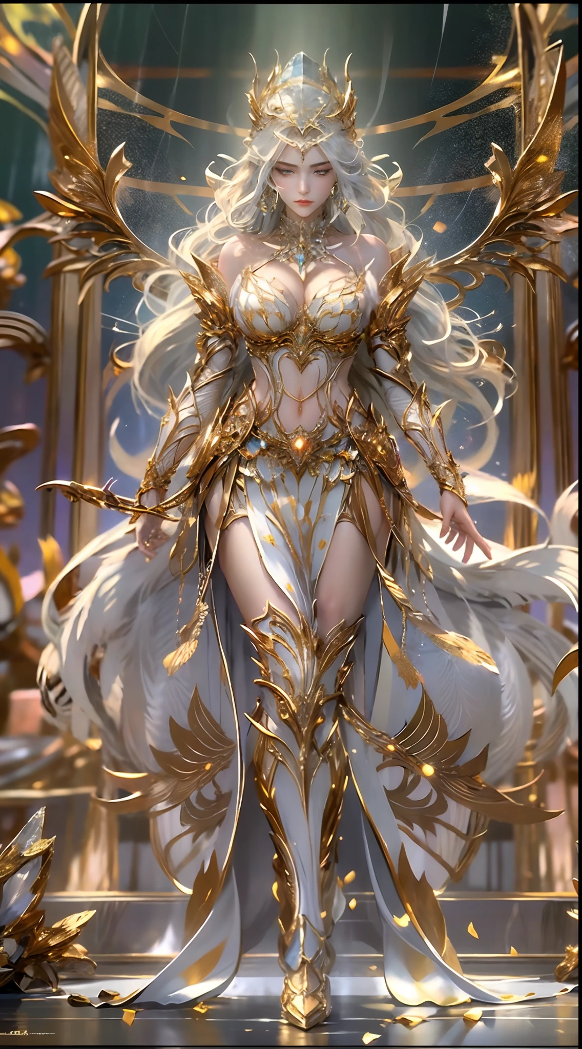 Woman in a golden transparent dress,view the viewer,(((Huge breasts, Large cleavage))),Slim waist,(navel baring,Bare waist), Long hair, Ultra-detailed details,High-end Zhenyi station, Rainstorm site, detailed fantasy art, Stunning character art, Beautiful and exquisite character art, Beautiful gold and silver armor, Extremely detailed, Girl in shiny armor, Exquisite tiaras and jewelry,Crystal jewelry filigree,Delicate pattern, intricately details, (Rich:1.4), prestige, Gorgeous, luxury goods, Royal Palace, jewelry, Pedras preciosas, gold, Diamond, (golden rose), Reflectors,milky ways, Stunning visuals, (dynamic streaks, light tracks:1.2), Vibrant colors,