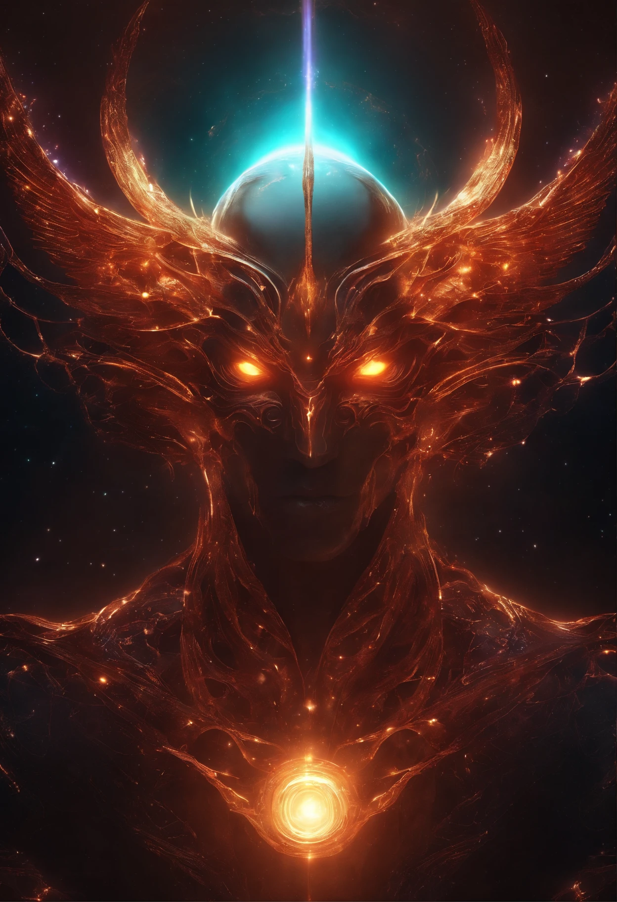 Cosmic Lucifer, glowing light eyes, Biomechanical, eerie, Creepy, nightmarish, Very bright colors, Light particles, with light glowing, Mshiff, wallpaper art, UHD wallpaper