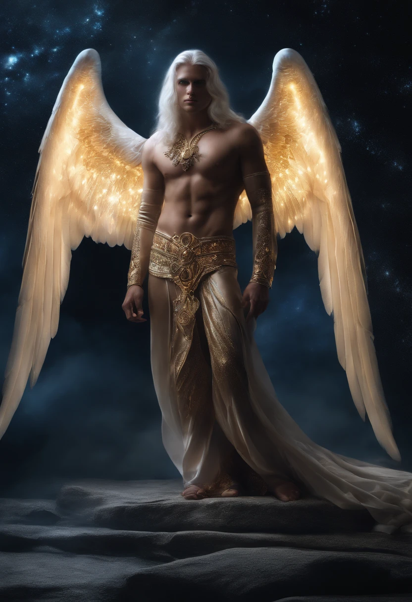 cosmic fallen male angel, olhos claros brilhantes, Biomechanicals, estranho, assustador, Pesadelo, cores muito brilhantes, light particles, com luz brilhante, Mshiff, Arte do papel de parede, Papel de parede UHD