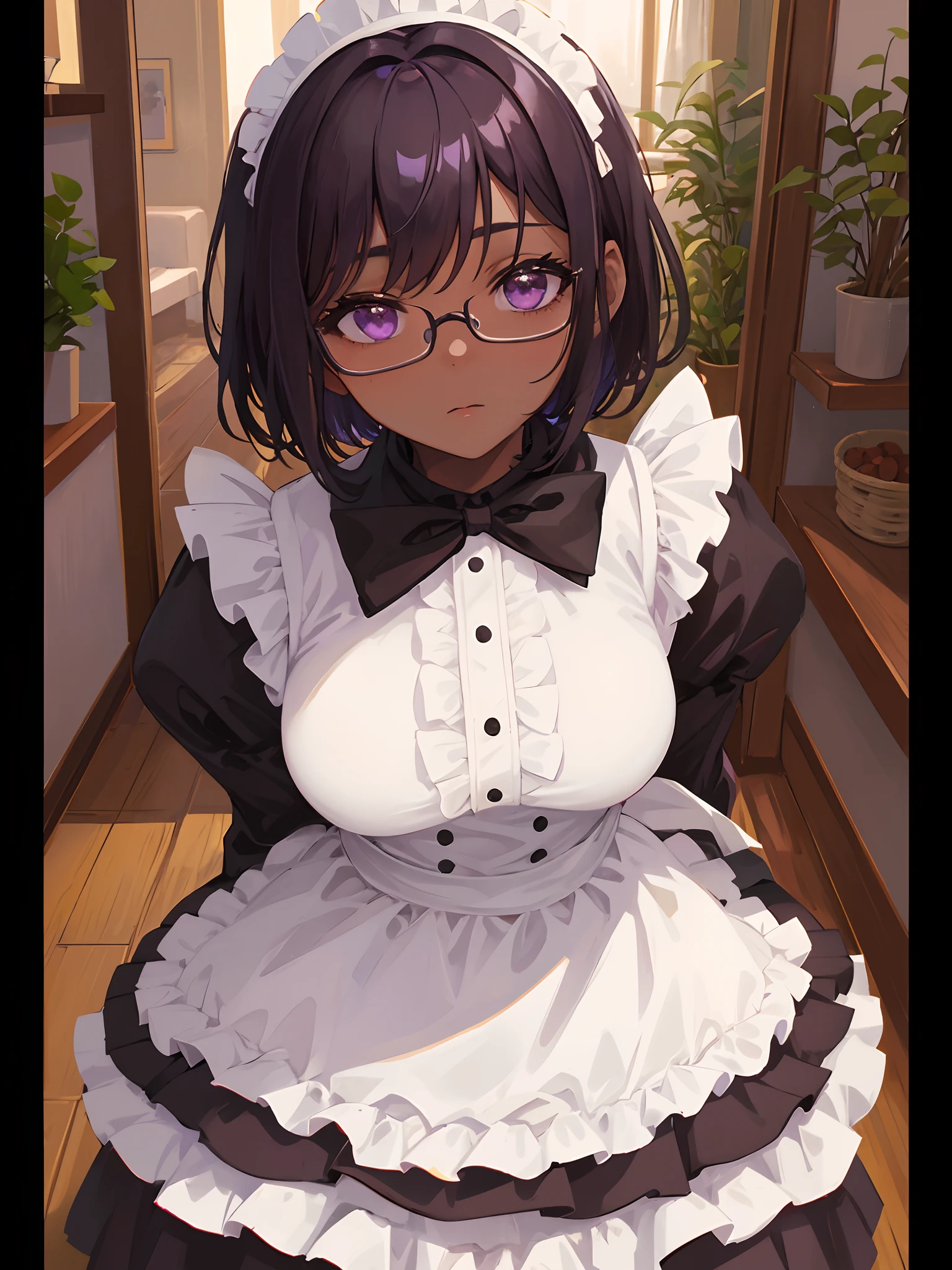 1woman, dark skin female, French maid, short hair, black hair, purple eyes, glasses, hands hidden behind back