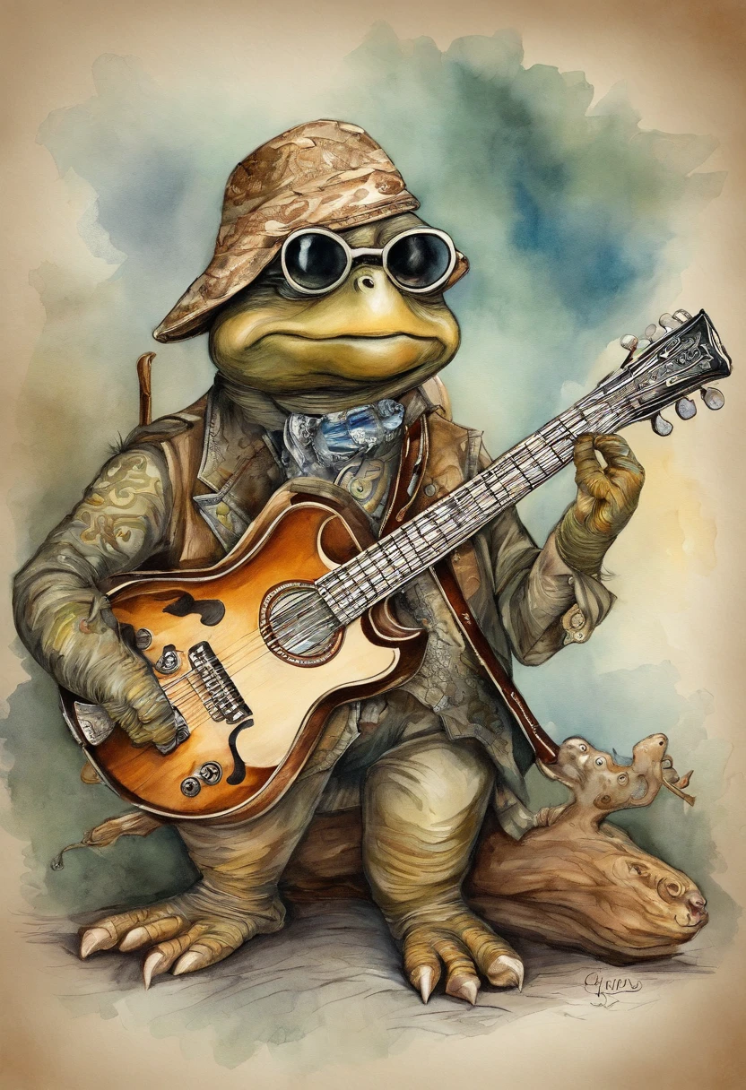 Estilo Manhwa,Anthropomorphic turtle,El cachorro,Cachorro de roca,Ropa de moda,usa gafas oscuras,toca la guitarra,locura,Waving musical symbols,ballroom,lamplight,Focos,8k,Super-fino,cuerpo completosbian,Mejor calidad,solo