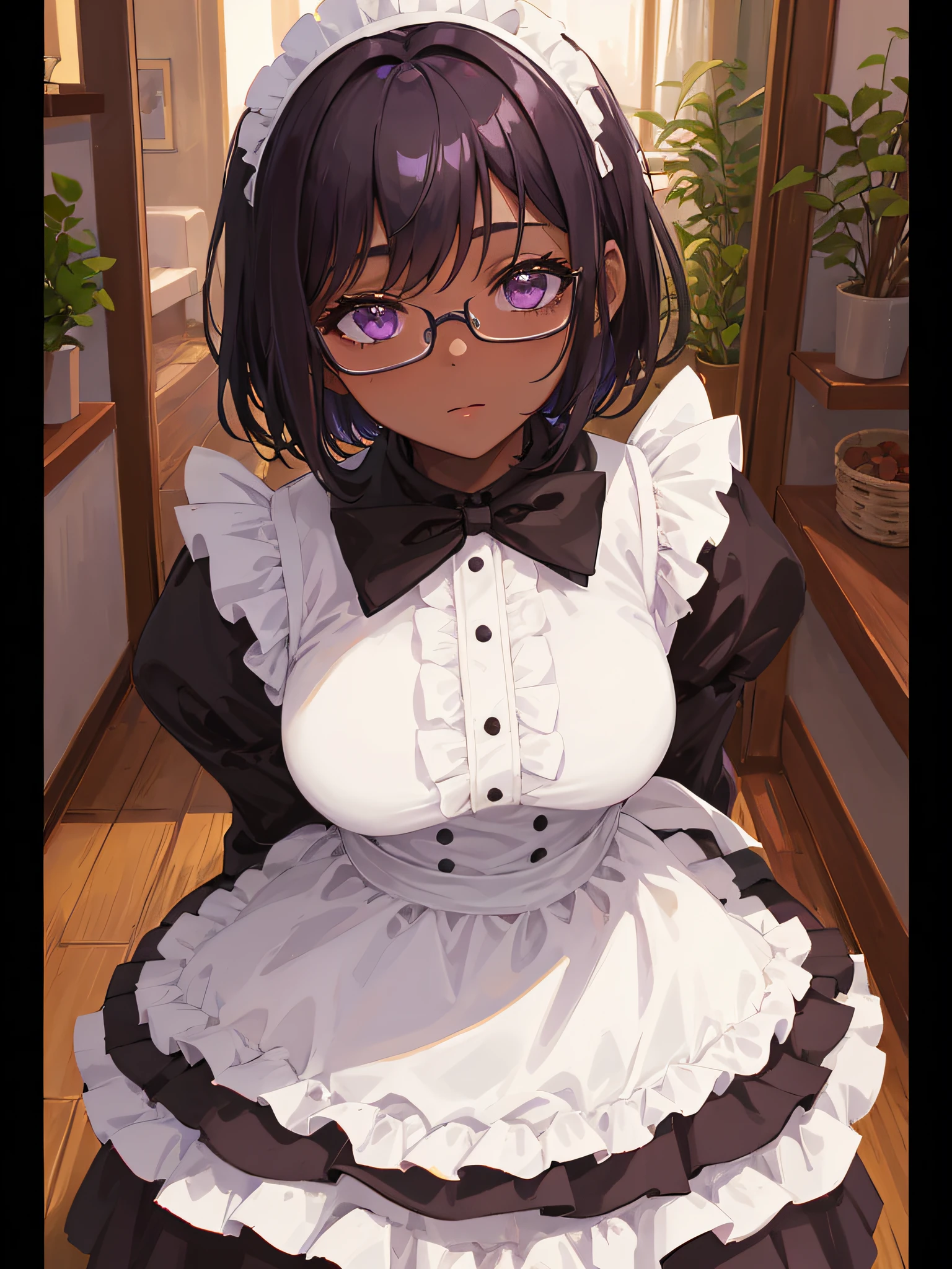 1woman, dark skin female, French maid, short hair, black hair, purple eyes, glasses, hands hidden behind back