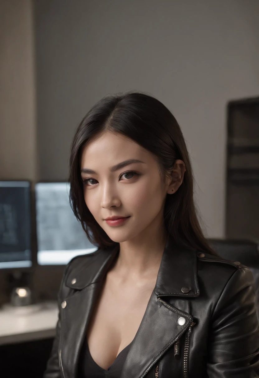 Wearing black leather gloves in both hands, upper body, black leather rider's jacket, facing the desk in the modern study in the dark, looking down, smiling, long, straight black hair, young Japanese woman (black leather gloves covering both hands) Sitting on a chair with the fingers of black leather gloves, working on the computer